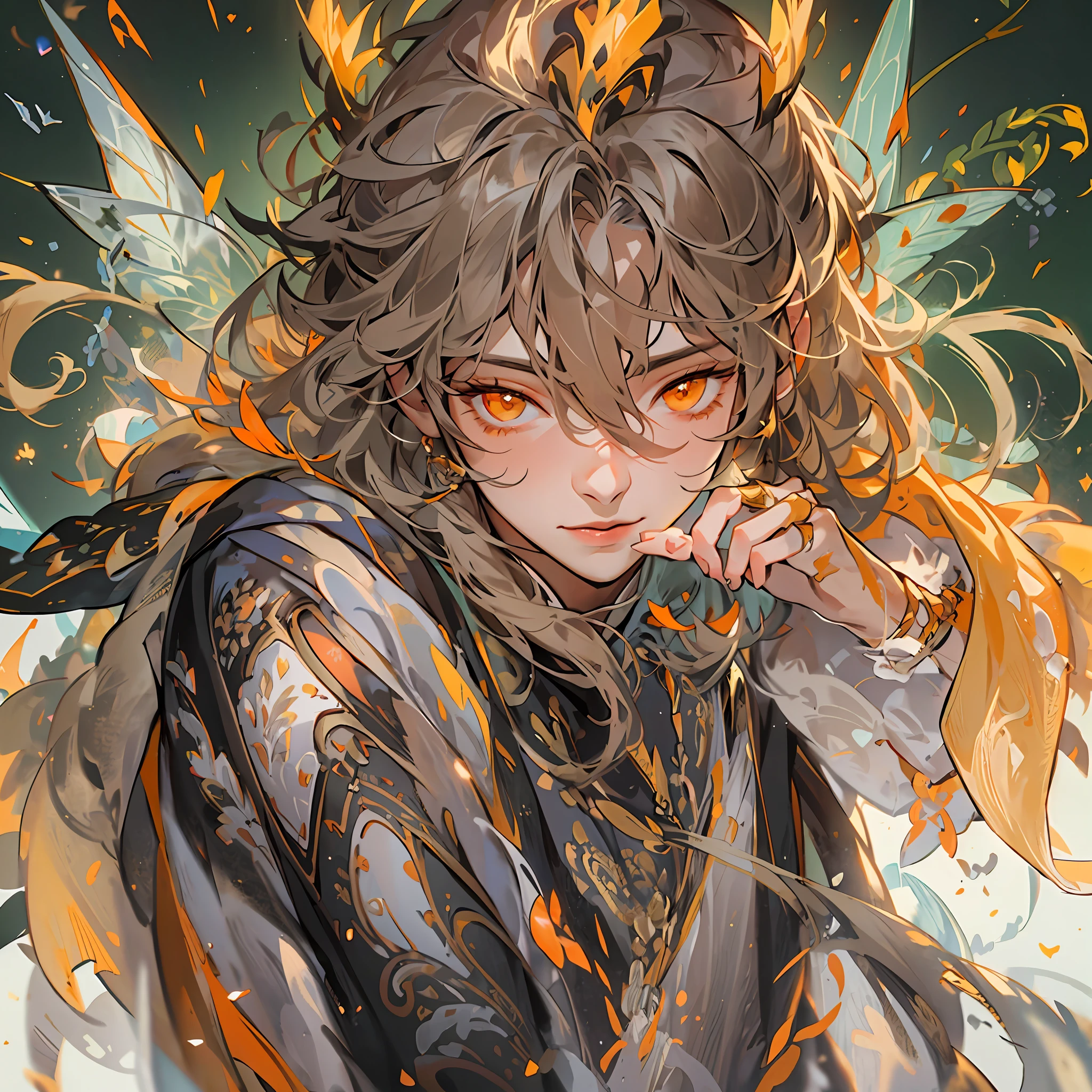 1boy，Ancient fairy costumes，Orange eyes，Long flowing hair，Handsome face，Cool，Cold，Semi-realistic,Meticulous facial features,Wearing exquisite fairy costumes,NSFW,tmasterpiece,Need,super-fine,best qualtiy，Unreal 5，rendering by octane