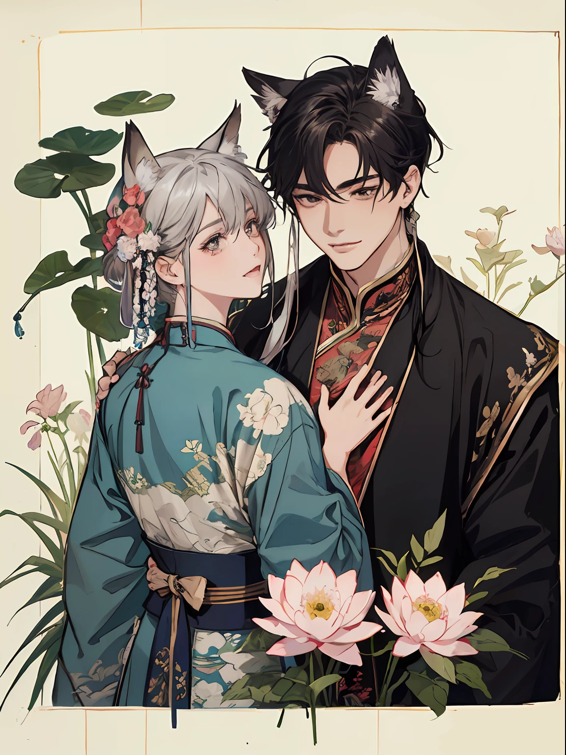 ((4K、masterpiece、top-quality))、(Two men smiling face to face)、Gray-haired man with beautiful fox ears、Strong man with black hair with wolf ears、ink and watercolor painting、Traditional Chinese Ink Painting、lotuses、Hanfu、Maxi Kit、Dress conservatively、Animal ears,、bule、florals、Lots of flowers nearby、shenron、extra detailed face