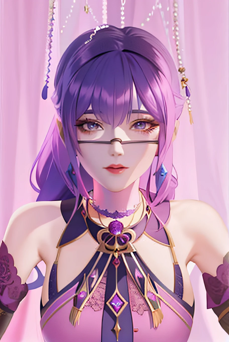 a close up of a woman with purple hair and a purple dress, From the Divine Seal Throne, anime cgi, Saint-Tsaire,8k,k hd,meticuloso,Meticulous facial features,Shinto Throne