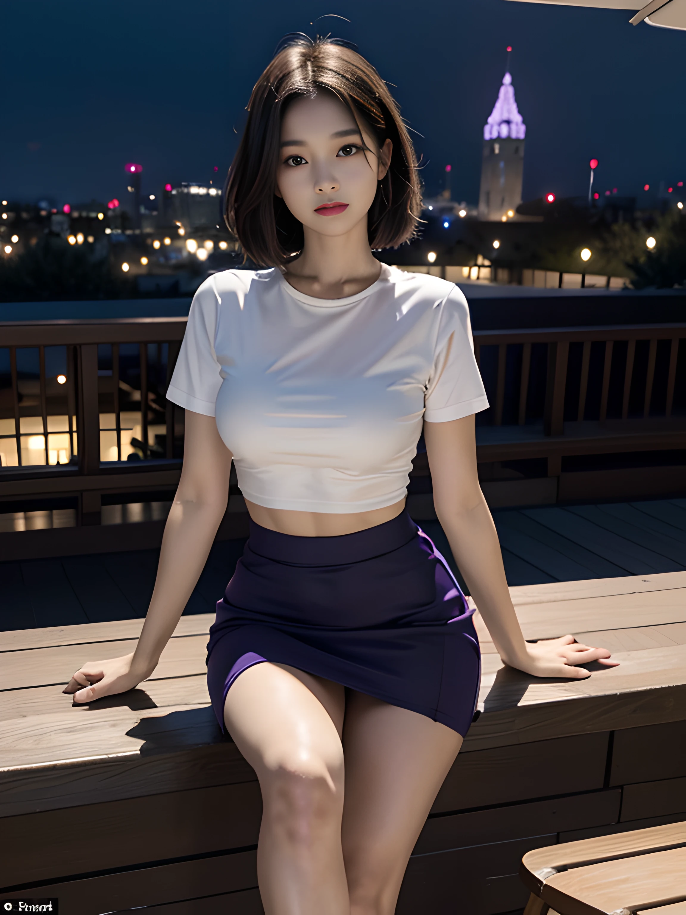 （（midynight， Acura， 8K， tmasterpiece： 1.3））， full bodyesbian， long leges， Focalors： 1.2， perfect figure beautiful woman： 1.4， Slim abs： 1.1， （dark brown  hair，： 1.2 ））， （Purple tight T-shirt， short  skirt，sitting on a stool： 1.2）， （city night scene， the roof： 1.3））， Highly Detailed Face and Skin Textur， detailedeyes， 二重まぶた，