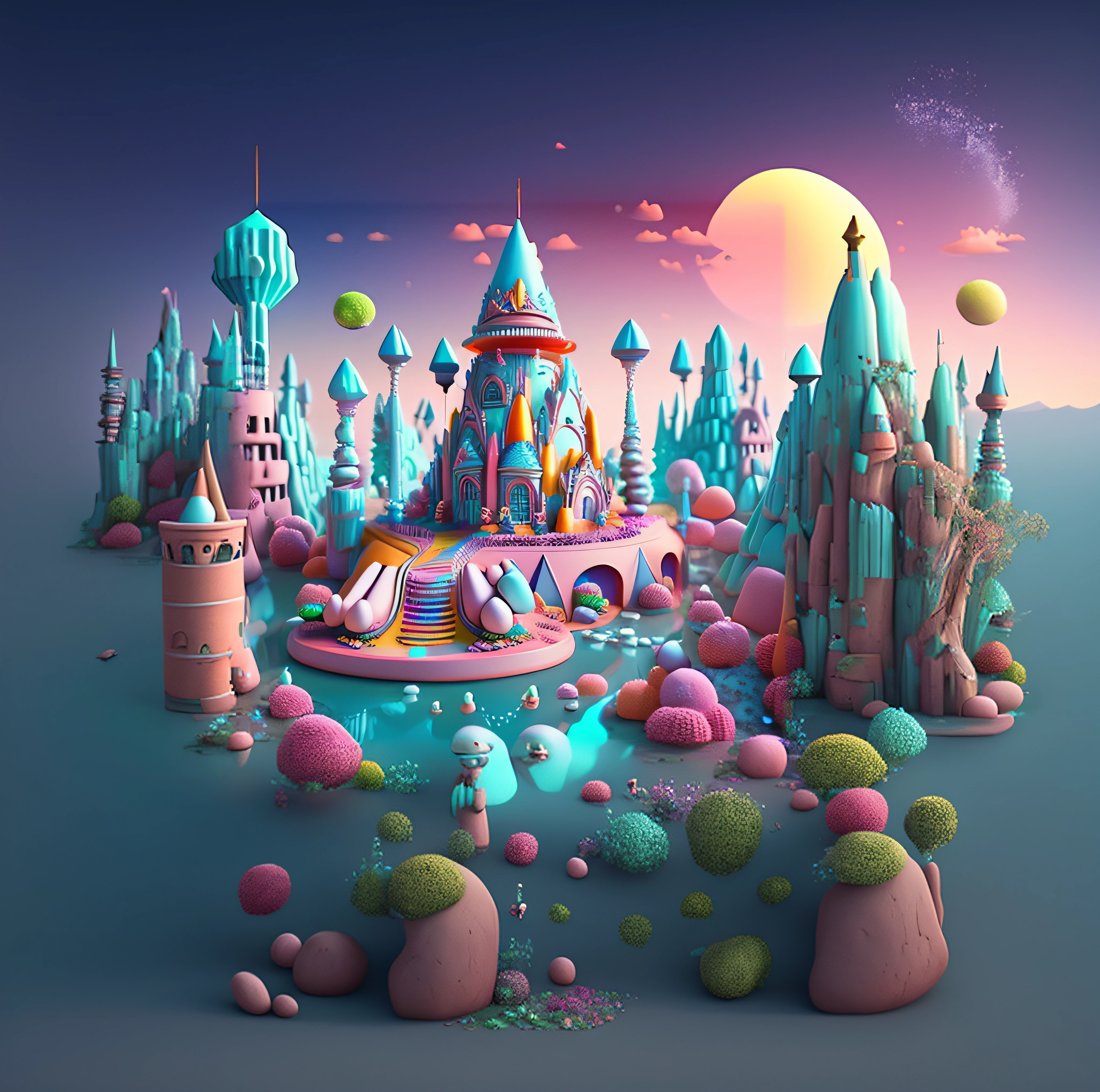 A digital illustration of a fantasy castle surrounded by trees and rocks, en una casa estilo tierra de caramelos, Surrealist alien kingdom, Renderizado 3D estilizado, 3D render estilizado, Surreal sci-fi scenography, Arte de renderizado 3D de Rolands Zilvinski, Arte digital 4K altamente detallado, Surrealista 3D render, Estilizado como un renderizado 3D