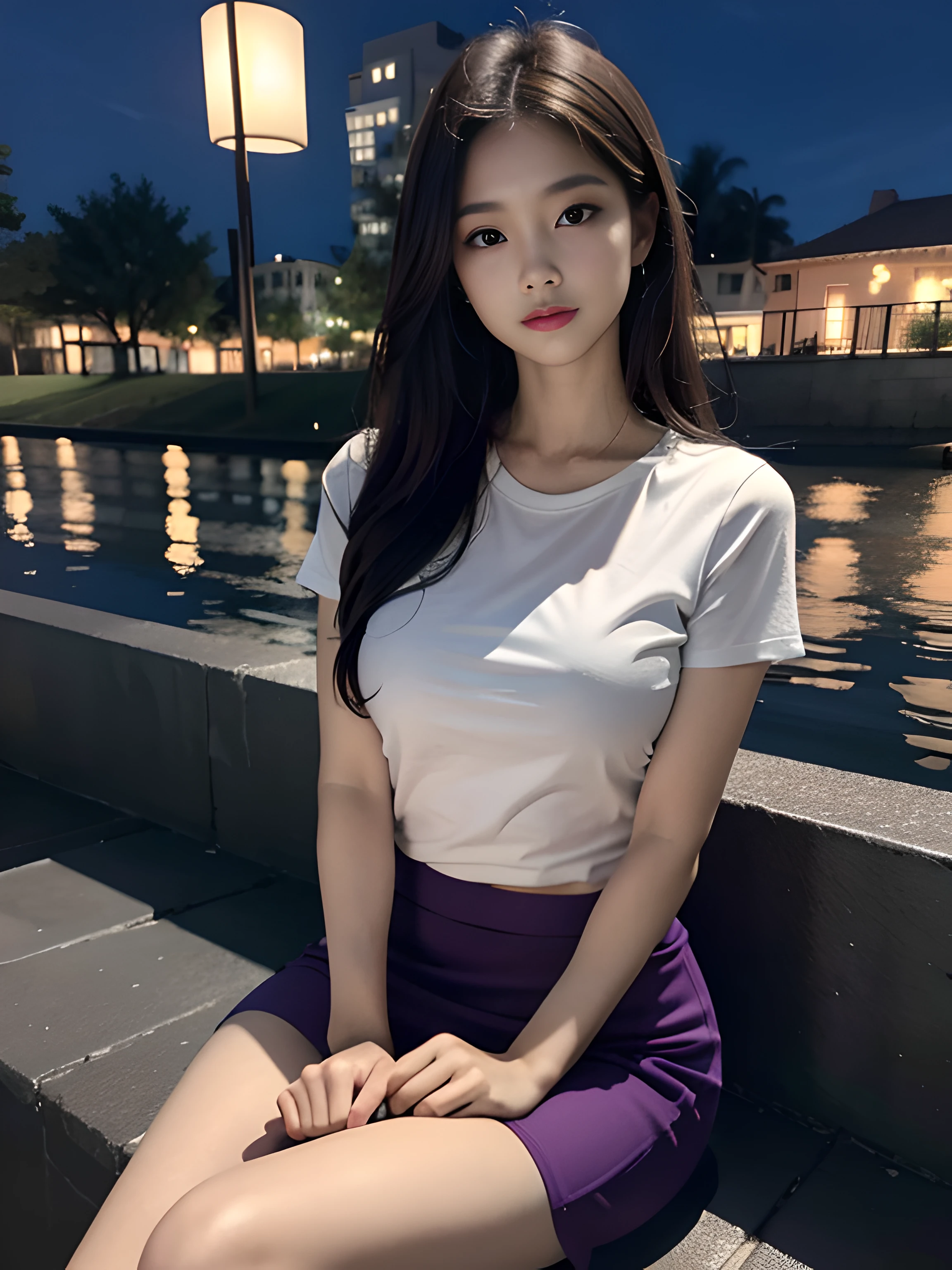 ((midynight, Acura, 8K, tmasterpiece: 1.3)), full bodyesbian, long leges, Focalors: 1.2, perfect figure beautiful woman: 1.4, Slim abs: 1.1, (dark brown hair,: 1.2 )), (Purple tight T-shirt, short skirt,sitting on a stool: 1.2), (city night scene, the roof: 1.3)), Highly Detailed Face and Skin Textur, detailedeyes, 二重まぶた,