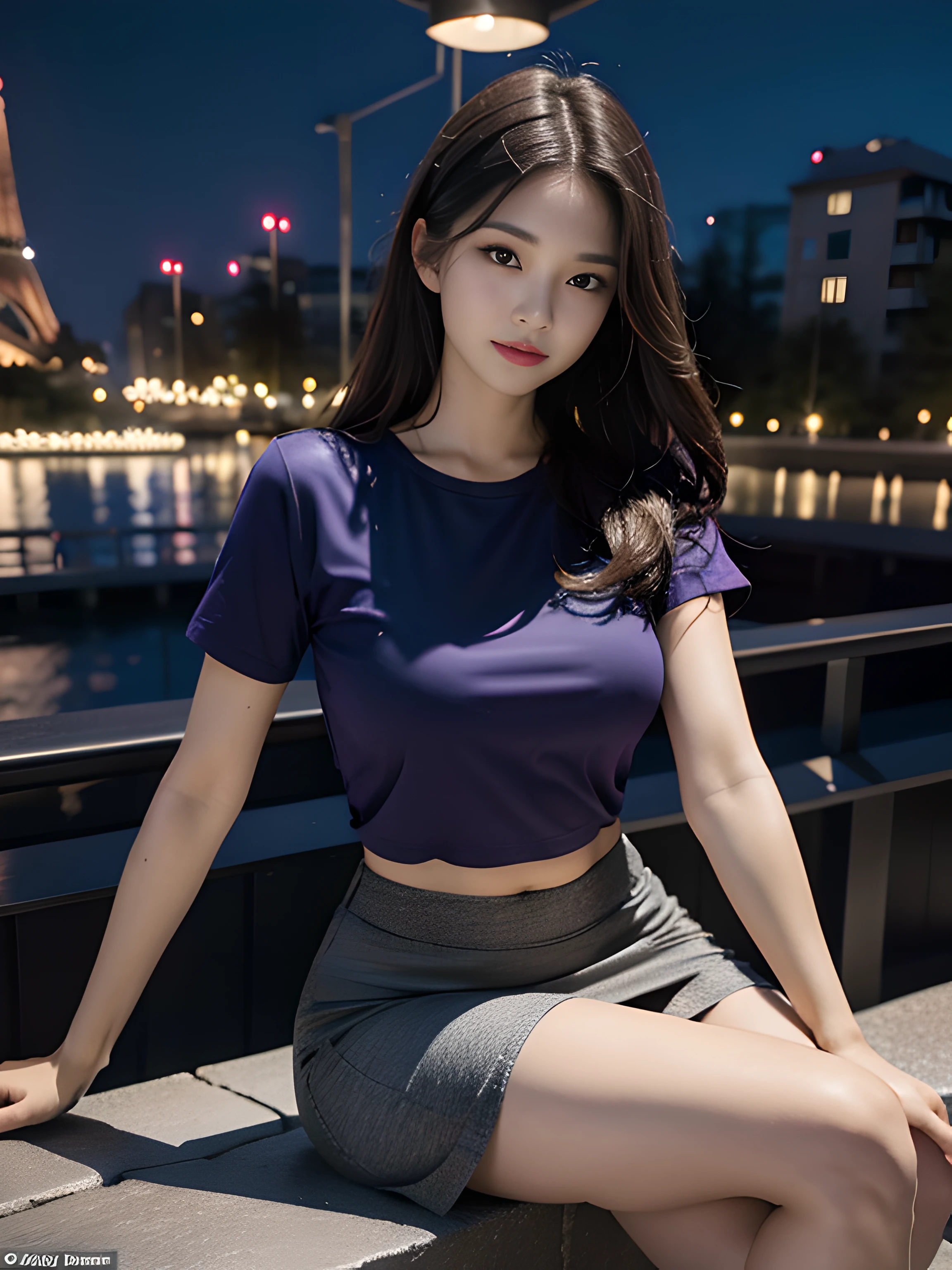 ((midynight, Acura, 8K, tmasterpiece: 1.3)), full bodyesbian, long leges, Focalors: 1.2, perfect figure beautiful woman: 1.4, Slim abs: 1.1, (dark brown hair,: 1.2 )), (Purple tight T-shirt, short skirt,sitting on a stool: 1.2), (city night scene, the roof: 1.3)), Highly Detailed Face and Skin Textur, detailedeyes, 二重まぶた,