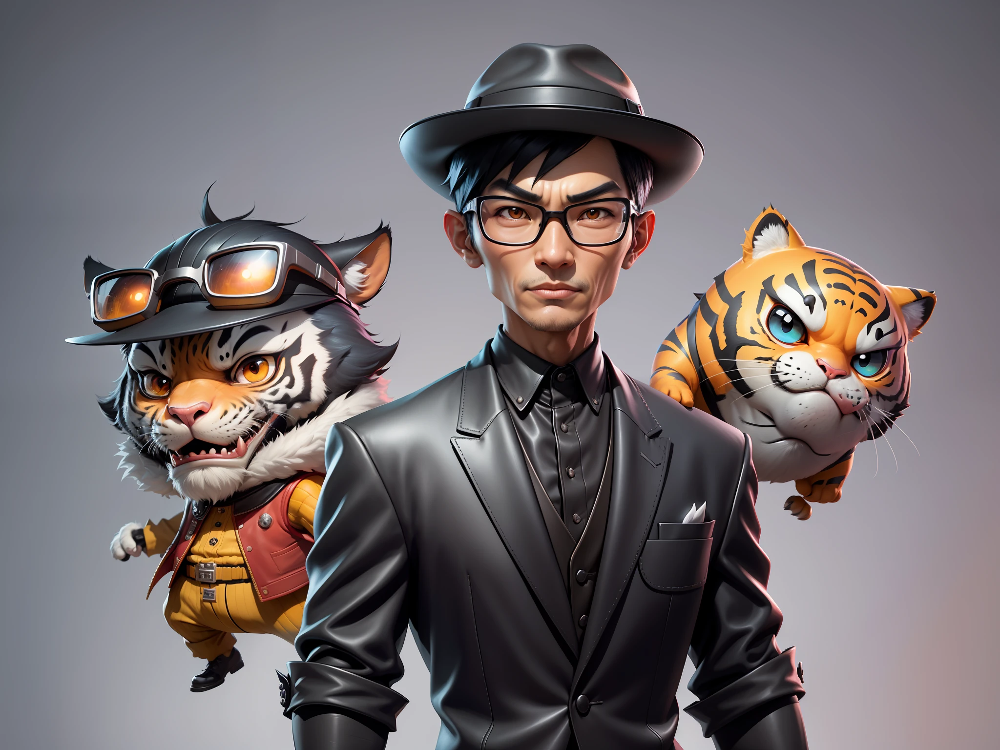 Young man with oriental face in leather hat, tiger, oriental face in formal suit, short black hair, silver glasses, digital painting, 3D character design by Mark Clairedon and Pixar and Hayao Miyazaki and Akira Toriyama, the illustration is a high-definition illustration in 4K resolution with very detailed facial features and cartoon-style visuals.