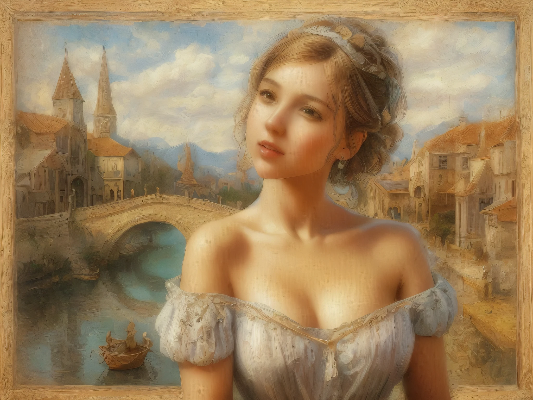 [beste-Qualit, tmasterpiece, extra high resolution, photo-realistic, in the style of pin-up, 1girl, off-shoulder, ssmile:20]Background, intricate Renaissance landscape, higly detailed, impressionism:0.2