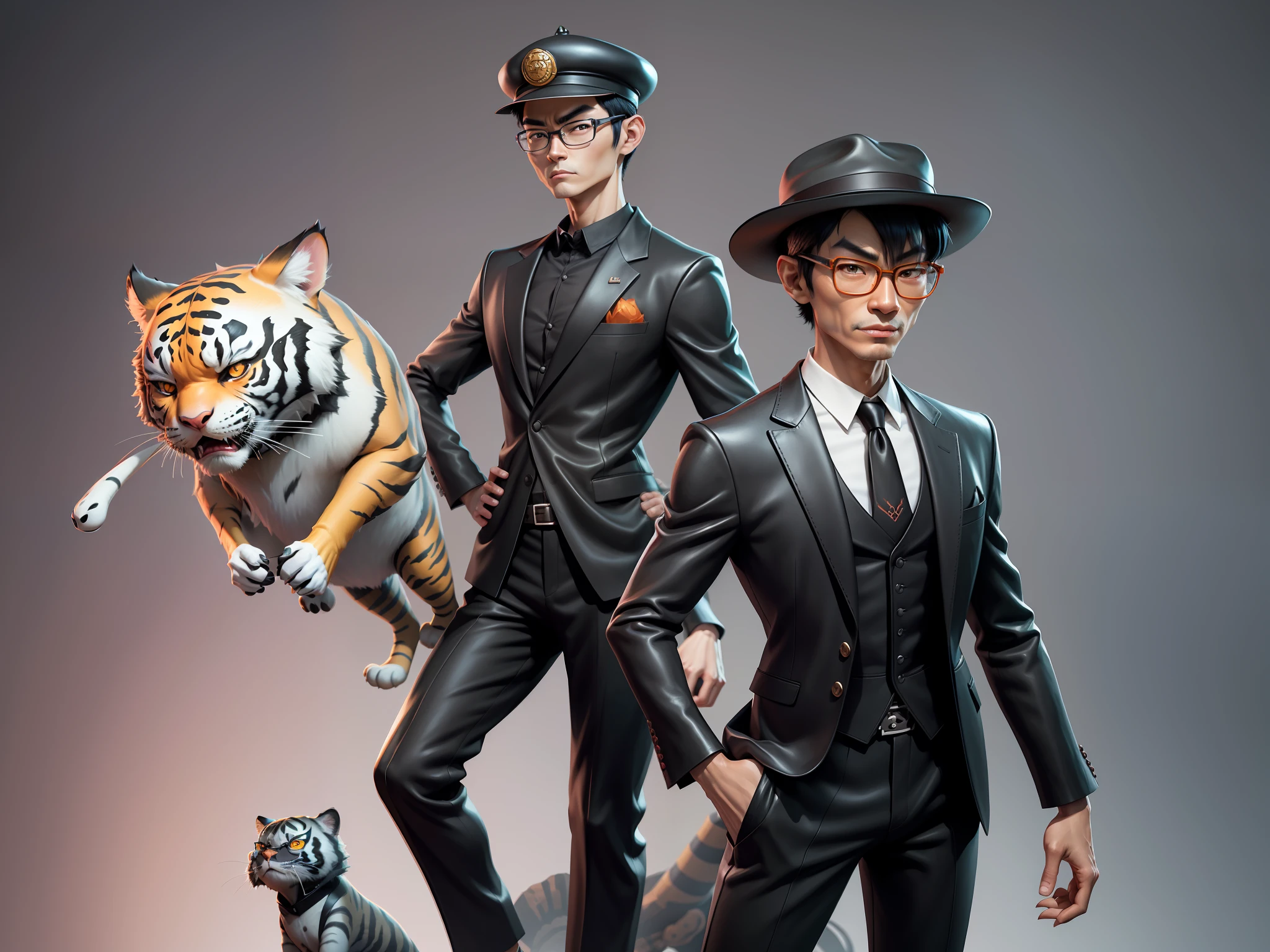 Young man with oriental face in leather hat, tiger, oriental face in formal suit, short black hair, silver glasses, digital painting, 3D character design by Mark Clairedon and Pixar and Hayao Miyazaki and Akira Toriyama, the illustration is a high-definition illustration in 4K resolution with very detailed facial features and cartoon-style visuals.