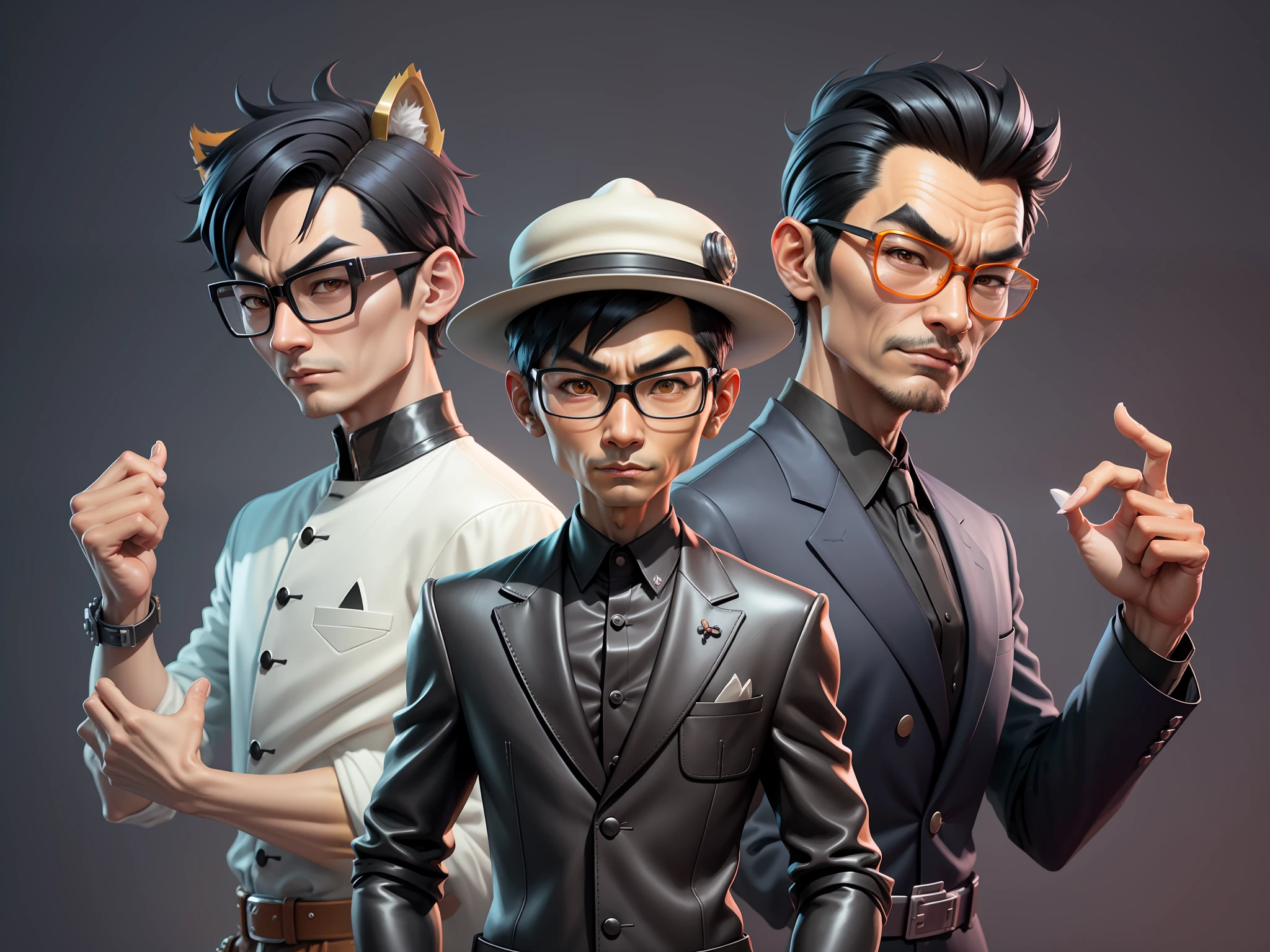 Young man with oriental face in leather hat, tiger, oriental face in formal suit, short black hair, silver glasses, digital painting, 3D character design by Mark Clairedon and Pixar and Hayao Miyazaki and Akira Toriyama, the illustration is a high-definition illustration in 4K resolution with very detailed facial features and cartoon-style visuals.