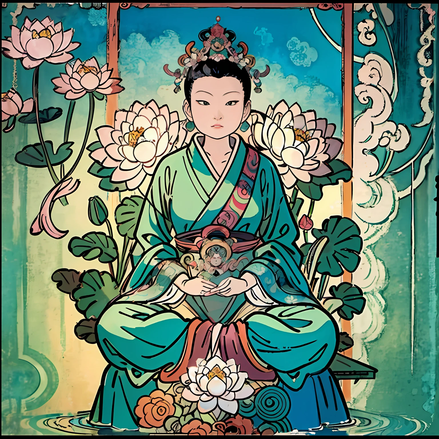 The Buddha statue sits on a lotus flower,guanyin of the southern seas,floating in a powerful zen state,powerful zen composition,pink zen style,Serene expression,Zen meditation,inspired by Itō Jakuchū,standing gracefully upon a lotus,Zen temple background。
