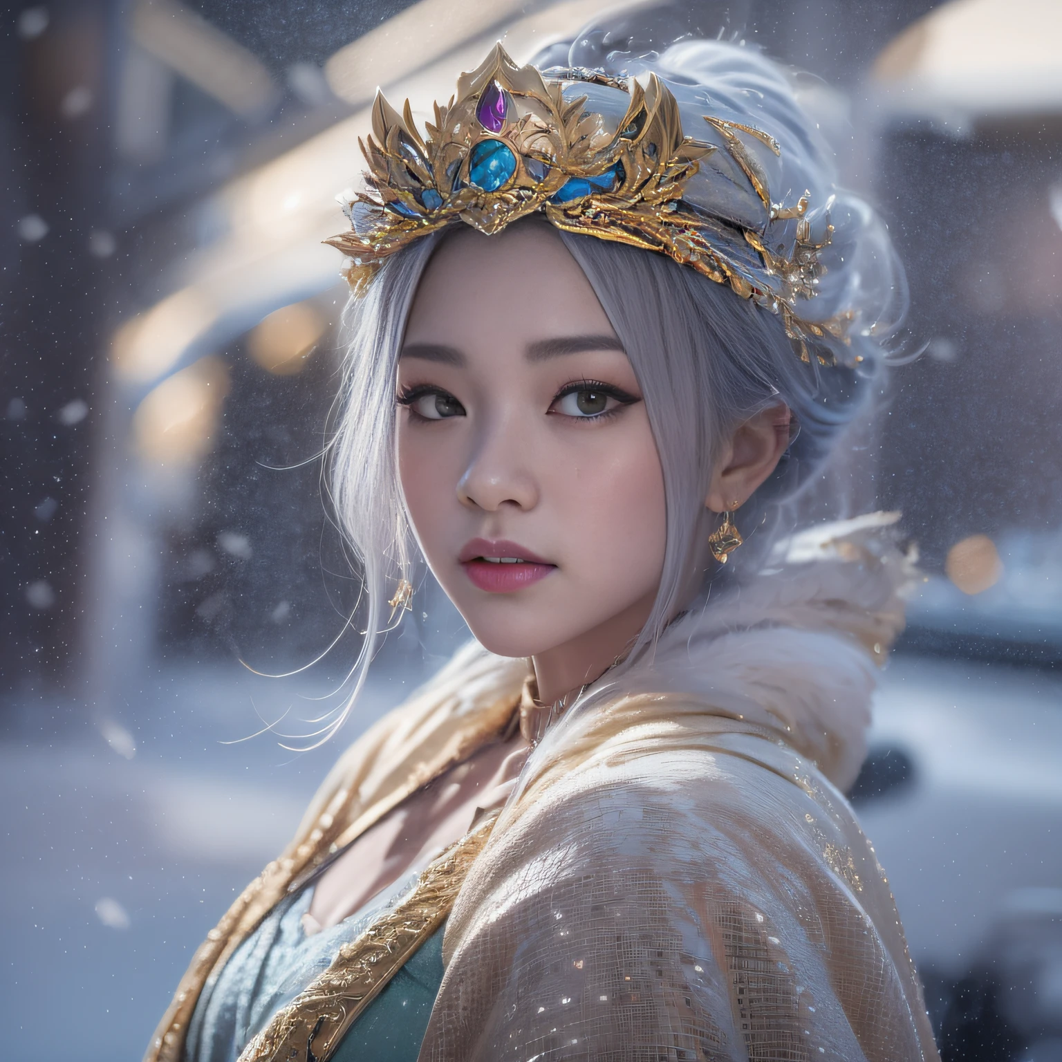 16k（tmasterpiece，k hd，hyper HD，16k）short detailed hair，Vintage train sleeper area，Snow Circle Girl ，Two Golden Dragon Protectors （realisticlying：1.4），Python robe，Purple-pink tiara，Snowflakes fluttering，The background is pure， A high resolution， the detail， RAW photogr， Sharp Re， Nikon D850 Film Stock Photo by Jefferies Lee 4 Kodak Portra 400 Camera F1.6 shots, Rich colors, ultra-realistic vivid textures, Dramatic lighting, Unreal Engine Art Station Trend, cinestir 800，