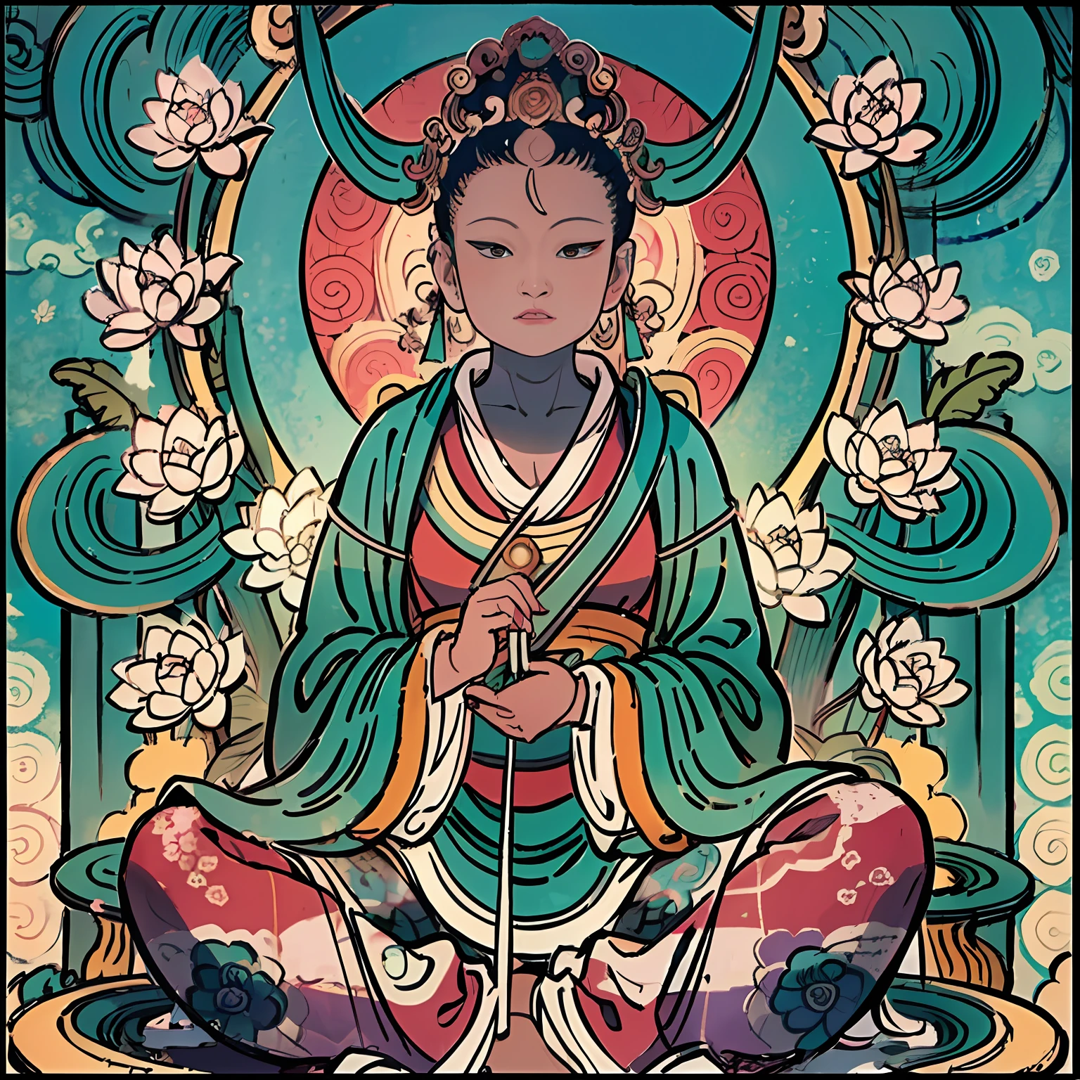 The Buddha statue sits on a lotus flower，guanyin of the southern seas，floating in a powerful zen state，powerful zen composition，pink zen style，Serene expression，Zen meditation，inspired by Itō Jakuchū，standing gracefully upon a lotus，Zen temple background。