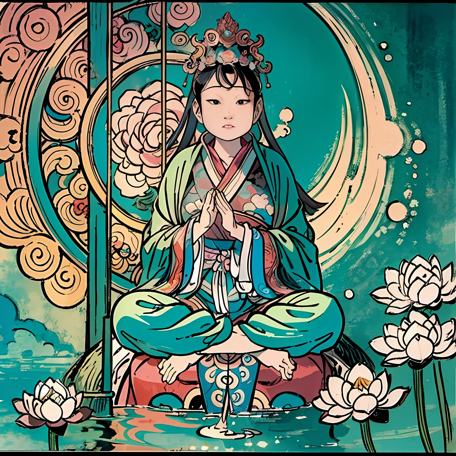 The Buddha statue sits on a lotus flower,guanyin of the southern seas,floating in a powerful zen state,powerful zen composition,pink zen style,Serene expression,Zen meditation,inspired by Itō Jakuchū,standing gracefully upon a lotus,Zen temple background。