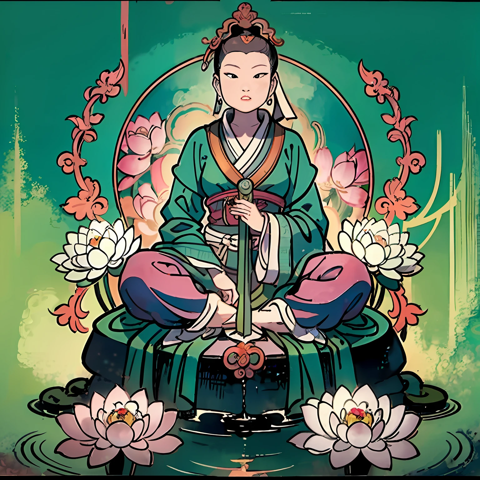 The Buddha statue sits on a lotus flower,guanyin of the southern seas,floating in a powerful zen state,powerful zen composition,pink zen style,Serene expression,Zen meditation,inspired by Itō Jakuchū,standing gracefully upon a lotus,Zen temple background。