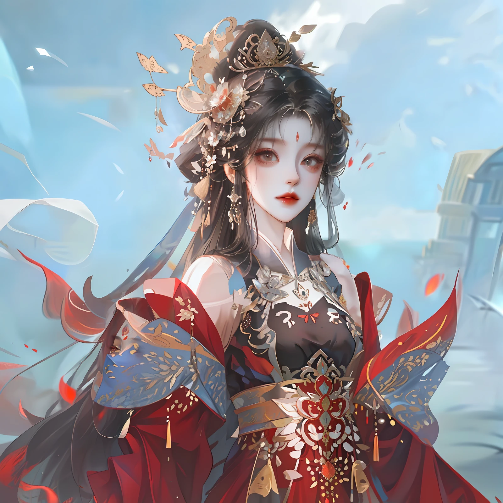 oriental girl,Works of masters,It is engaging and beautifully composed,Her figure is curvy,Enough to be a masterpiece。The painting is undoubtedly super detailed,Her figure is curvy,Best picture quality,Higher quality,high detal, 超高分辨率, 8K分辨率, depth of fields, cinematic photogtaphy, intricately details, carefully, meticuloso, glorious, max detail, extreme beautiful, (((1girll, 独奏))), A picture, tmasterpiece, (Best picture quality), Higher quality, high detal, 超高分辨率, in a panoramic view, Exquisite facial features, s the perfect face,Detailed digital anime art,,Anime girl wearing red dress,Sword and red dress, a beautiful fantasy empress, Palace , A girl in Hanfu, ((a beautiful fantasy empress)), Inspired by Lan Ying, inspired by Ju Lian, chinese empress, onmyoji portrait, China Princess, G Liulian art style, Princesa chinesa antiga, inspired by Du Qiong