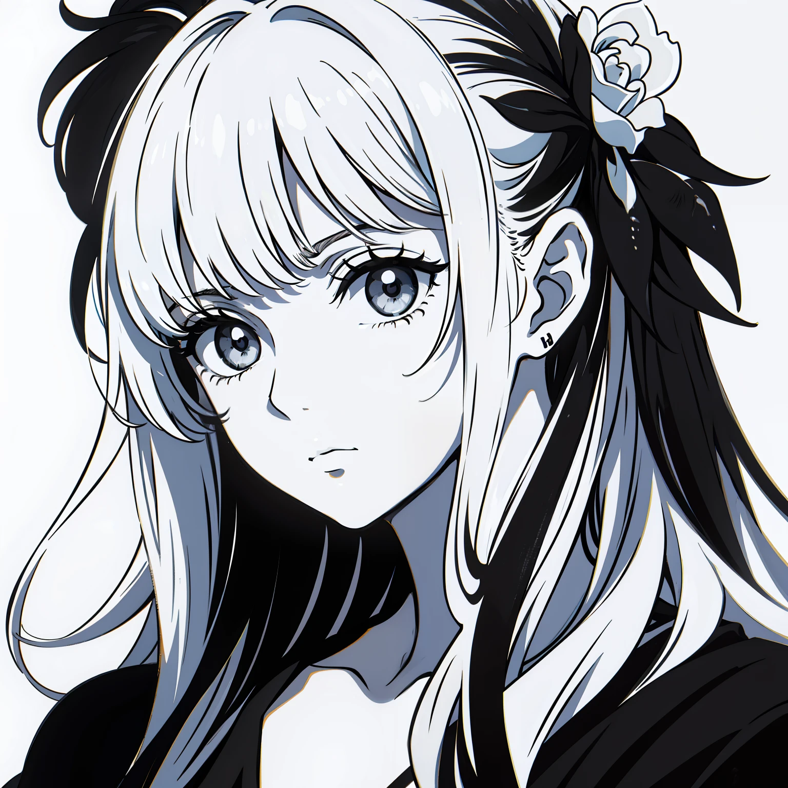 Nonchalant expression, black and white, disheveled fringe, medium messy hair, alluring look, black and white,Black and white painting,White background,Side Face