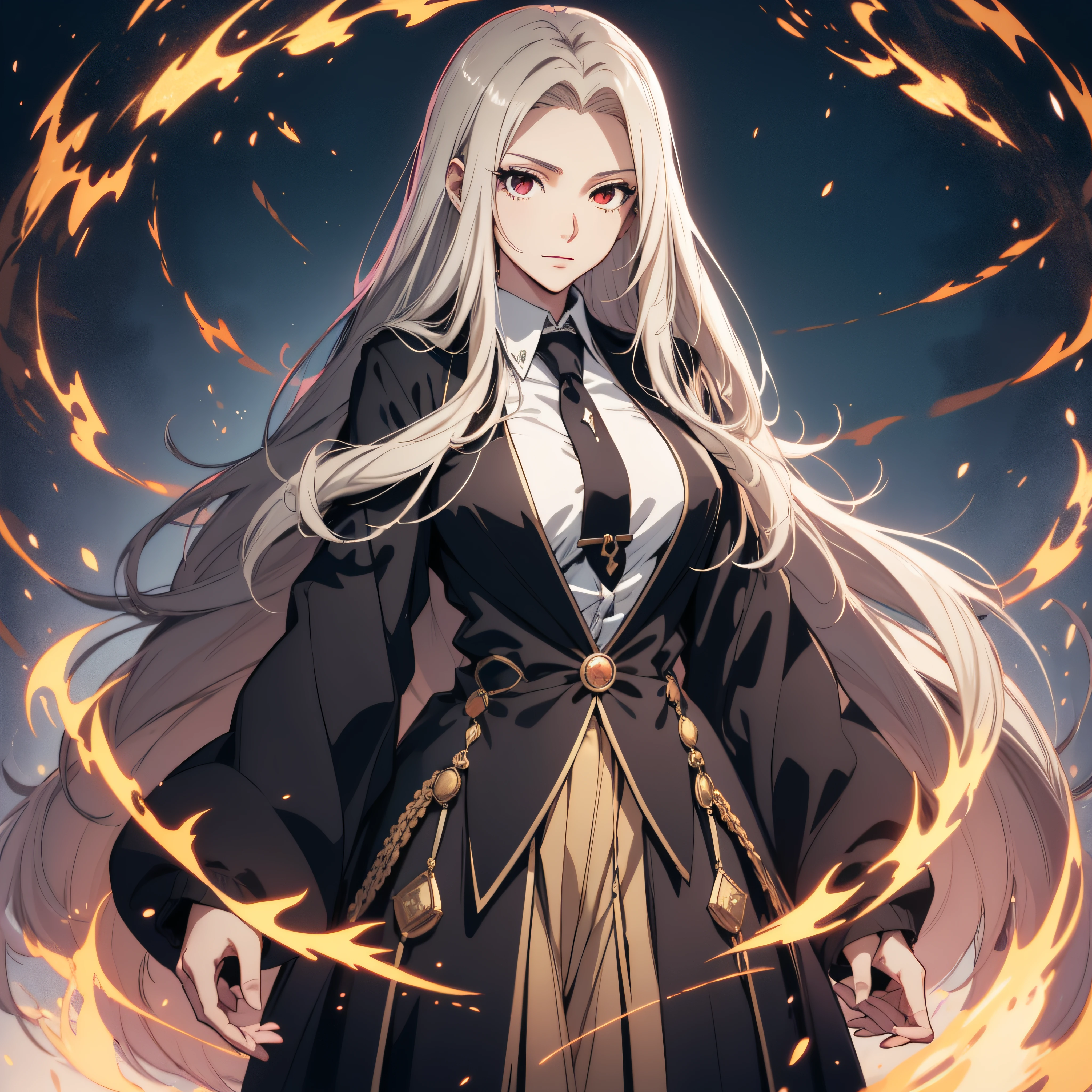 (ultra-detailed, perfect pixel, highrest, best quality), 20 years old Anime girl, smooth anime artstyle, long raven hair, slightly wavy hair, parted bangs, gradient hair color, Magus, red eyes, detailed eyes, beautiful eyes, long black coat, white shirt, ((neckwear, long tie)), black skirt, aristocrat, noble attire, beautiful, ethereal, elegant, prestigious, dark forest background, particle effect, jutsu effect, fire flame, magic sword, lightning, magic light, standing, looking at viewer