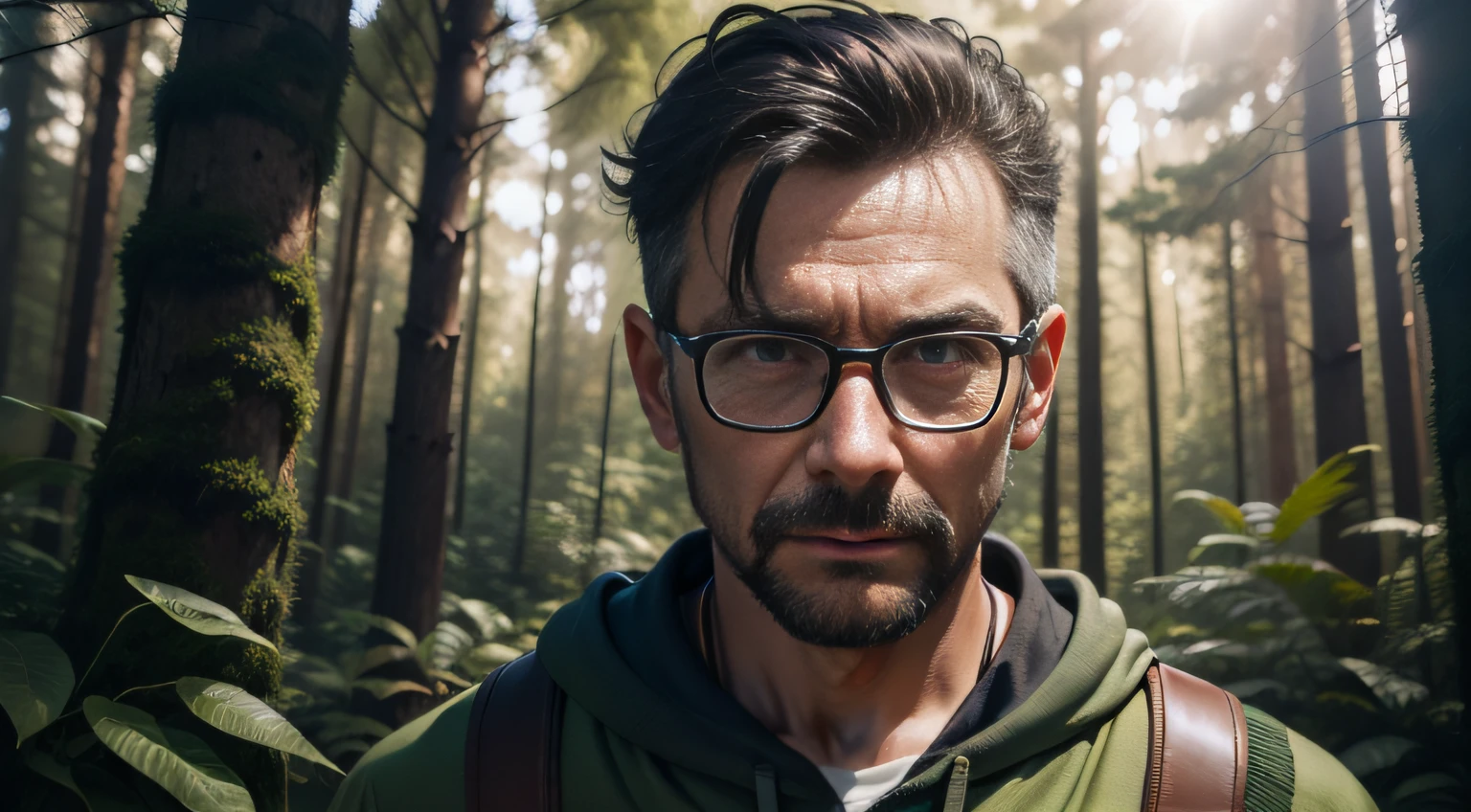 an ordinary man in the forest Facing the camera, contato visual, irritado