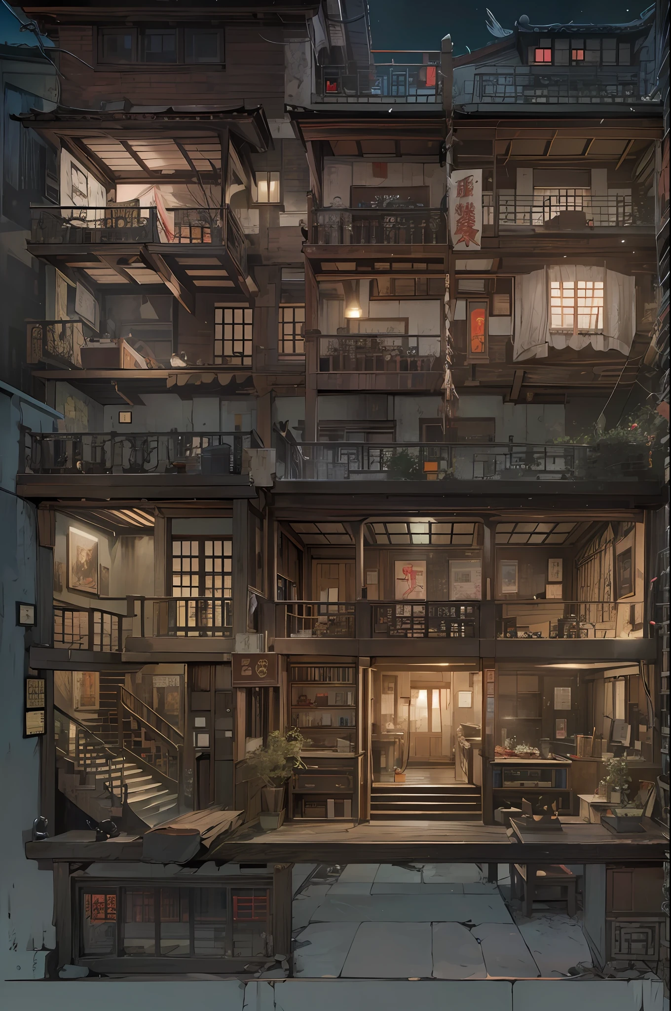 profile view（Interior of a four-story building）、Multiple rooms are neatly arranged，Chinese horror style（Supernatural horror），（Conceptual digital art，The is very detailed，reasonable design，Clear lines，k hd，The best quality，tmasterpiece，超高分辨率，4K）
