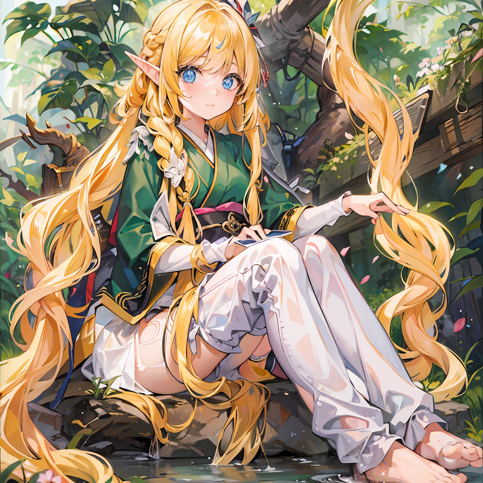tmasterpiece,Best quality at best,one-girl,the elf,Long yellow hair,A twisted braid,Wash your feet,adolable,The look of a bulge,Japanese manga style