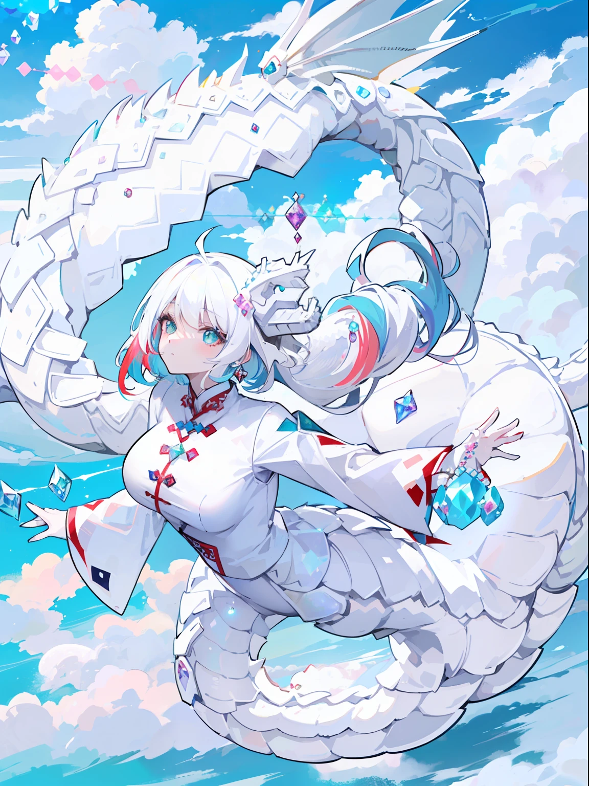 a girl, white hair, chinese traditional costume, white costume, (white dragon:2), sparkles, (colored cloud:2), cloud around a girl, , motion graphics, skyblue thread, (skyblue gems:2), skyblue balls, full body