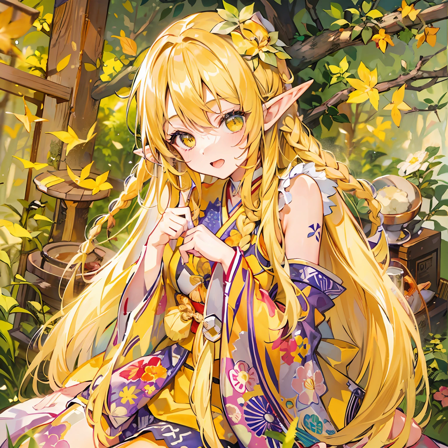 tmasterpiece，Best quality at best，one-girl，the elf，Long yellow hair，A twisted braid，Wash your feet，adolable，The look of a bulge，Japanese manga style