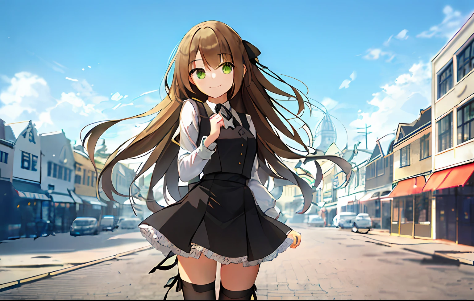 offcial art,1girll, Long hair, Solo, view the viewer, standing,Smile,Green eyes, black thighhigns, Black vest,Hair ribbon, Liu_,Building,Smile, (Dutch angle:0.8), Closed mouth,Outdoors,City,looks away,High contrast,A high resolution,