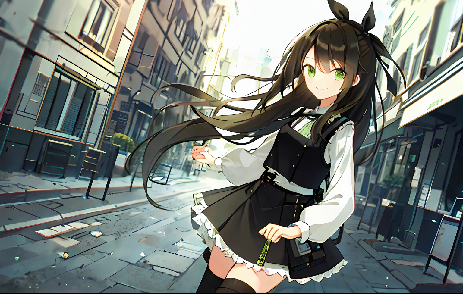 offcial art,1girll, Long hair, Solo, view the viewer, standing,Smile,Green eyes, black thighhigns, Black vest,Hair ribbon, Liu_,Building,Smile, (Dutch angle:0.8), Closed mouth,Outdoors,City,looks away,High contrast,A high resolution,