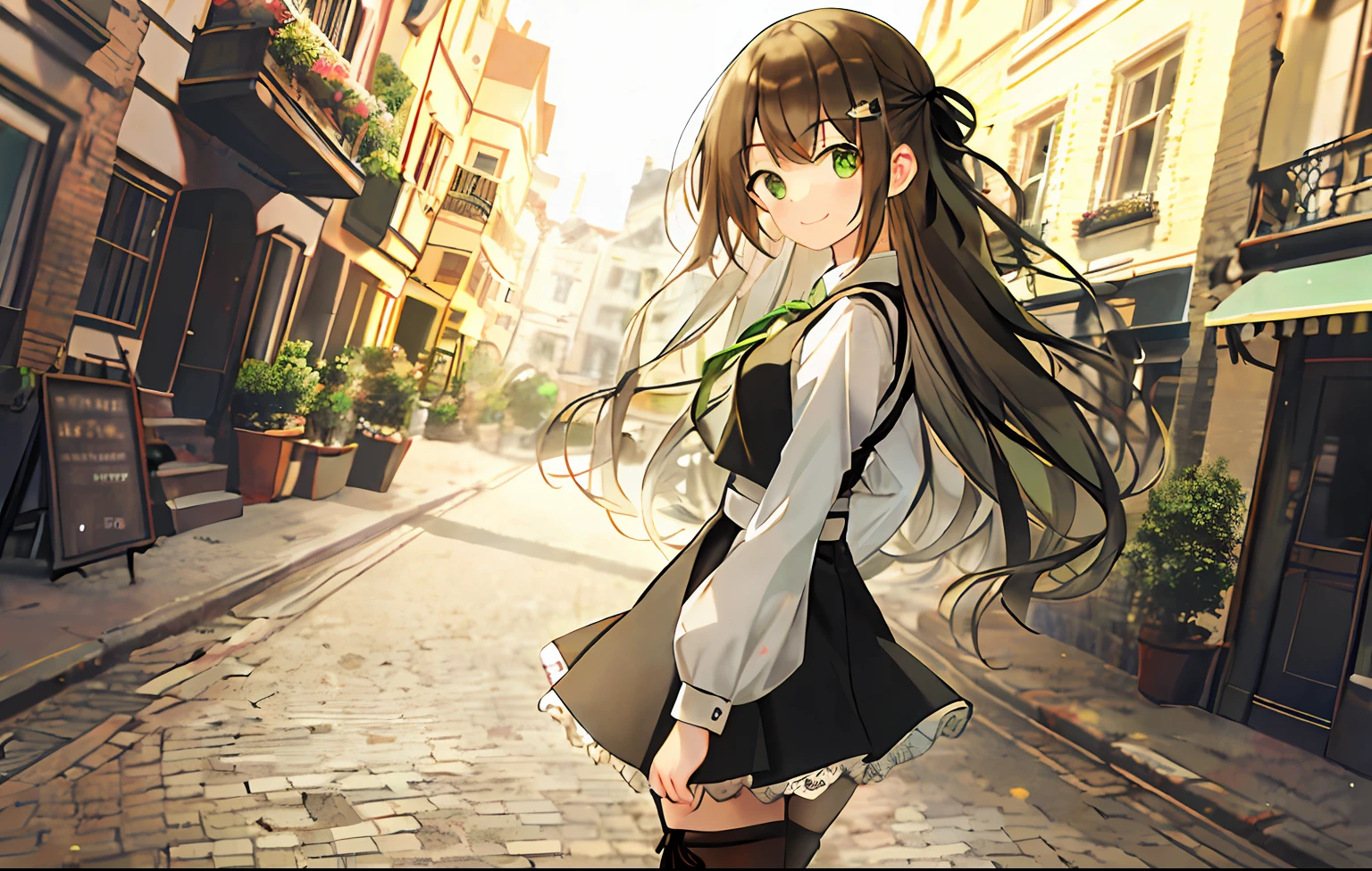 offcial art,1girll, Long hair, Solo, view the viewer, standing,Smile,Green eyes, black thighhigns, Black vest,Hair ribbon, Liu_,Building,Smile, (Dutch angle:0.8), Closed mouth,Outdoors,City,looks away,High contrast,A high resolution,