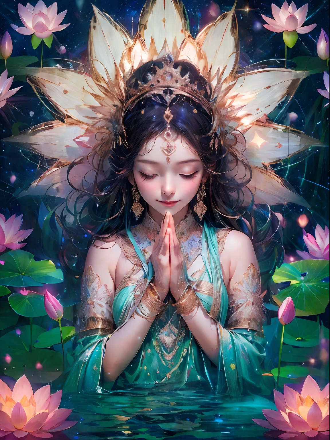 HighestQuali，tmasterpiece：1.2，Detailed details，The beautiful young goddess gently closed her eyes，gently smiling. She is doing prayer meditation with her hands folded. She wore a white dress with stars shining in the blue night sky, You sit on a lotus flower，In a fantastic atmosphere，You feel as if you are one with the universe. High definition, 8K