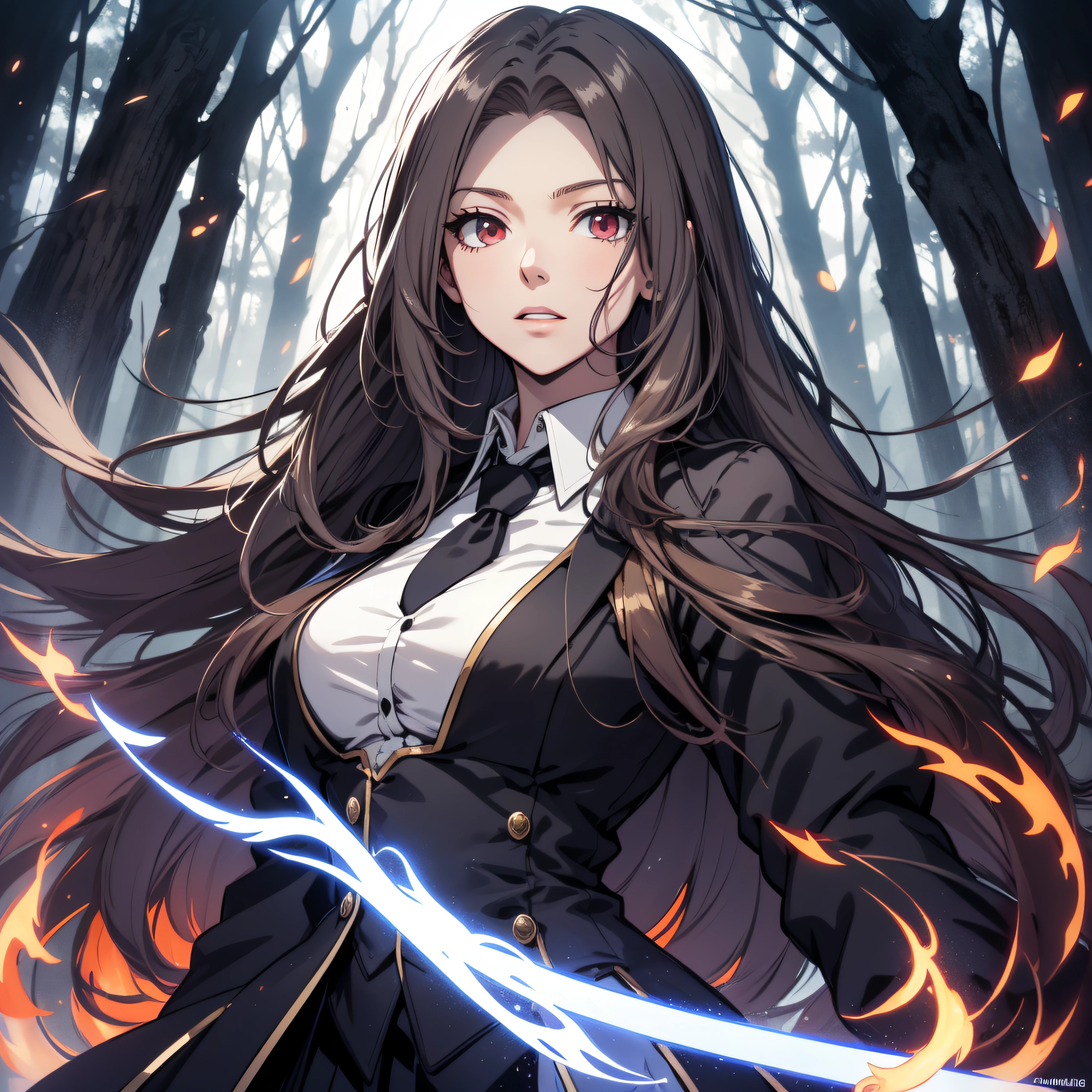 (ultra-detailed, perfect pixel, highrest, best quality), 20 years old Anime girl, smooth anime artstyle, long raven hair, slightly wavy hair, parted bangs, gradient hair color, Magus, red eyes, detailed eyes, beautiful eyes, long black coat, white shirt, ((neckwear, long tie)), black skirt, aristocrat, noble attire, beautiful, ethereal, elegant, prestigious, dark forest background, particle effect, jutsu effect, fire flame, magic sword, lightning, magic light, standing, looking at viewer