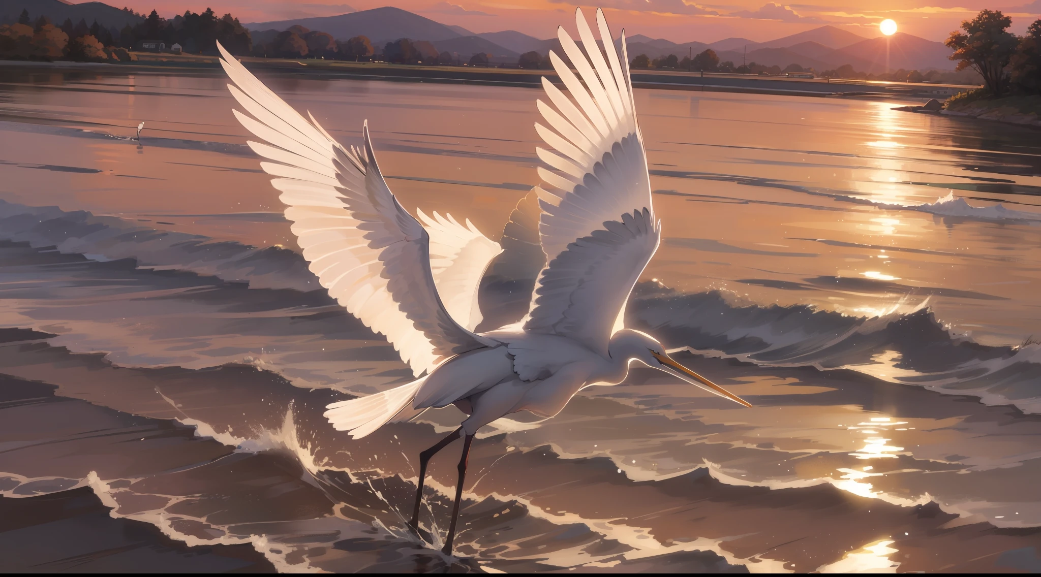 \\The sunset and the egret flying together,White Egret Spreading Wings and Flying,and the autumn sunset glow river water grows in the same color as the sky,clear water,water surface Reflection,starry sky,sunset glow,