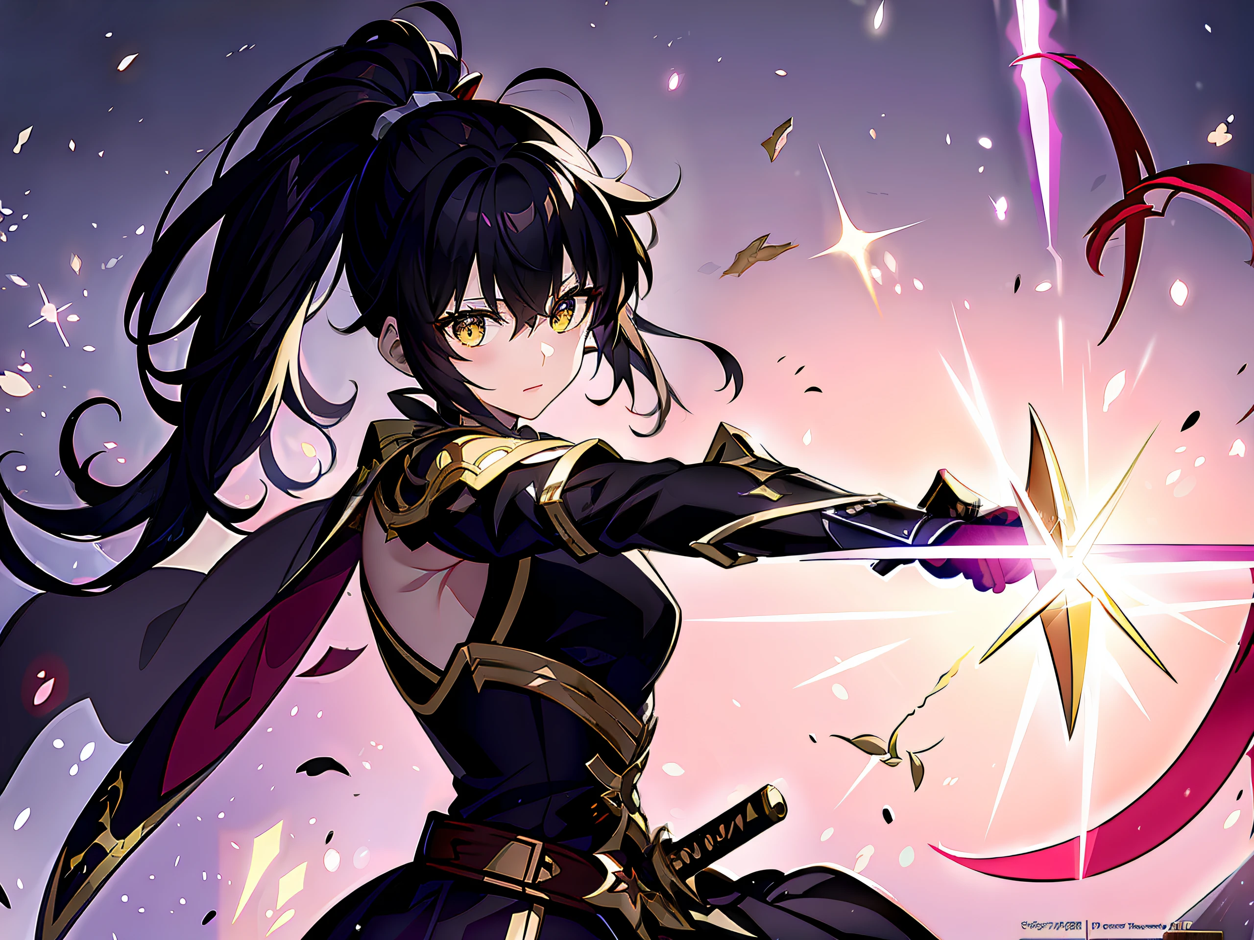 ((Girl)), ((Gorgeous bloody night sky, Background)), (golden blades on the ground) ,((Ultra Definition)), ((Best Illustration)), ((Cinematic)), Dynamic Angle, holding the sword in a battle position, Detail, (Glitter: 1.2), (Shine: 1.2), (Shine: 1.2), Classic, (Paint: 1.1), (Sketch: 1.1), (Best Quality), (Masterpiece: 1.2), (Anime-style), ( Solo), Beautiful Detail Face, (Big Eyes: 1.3), black Hair, (ponytail Hair: 1.2), (Floating Hair: 1.2), (Shining Sword: 1.3), (Magic Effects: 1.3),full body, (black and red samurai armor), (yellow eyes) , (yellow horns) , (crystal blades floating around her), splash art