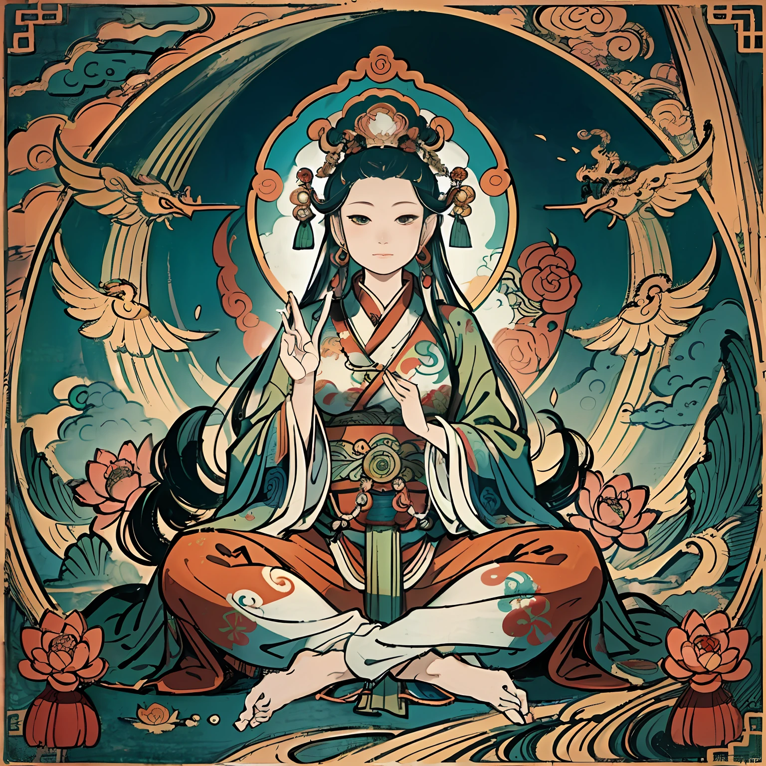 an ancient Chinese goddess, guanyin of the southern seas, Guanyin, Inspired by India, Avalokiteshvara rides a phoenix,,Serene expression,shui mo hua,Buddha,Buddhist,Lotus,Chinese painting style,Thangka style