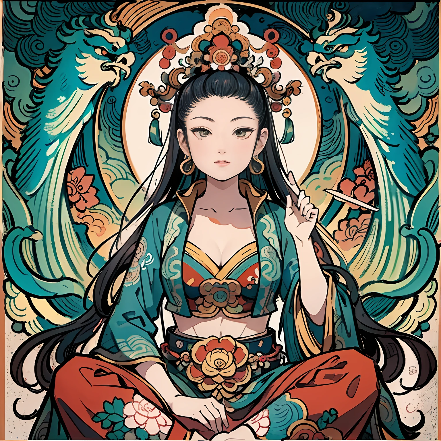 an ancient Chinese goddess, guanyin of the southern seas, Guanyin, Inspired by India, Avalokiteshvara rides a phoenix，,Serene expression,shui mo hua,Buddha,Buddhist,Lotus,Chinese painting style,Thangka style
