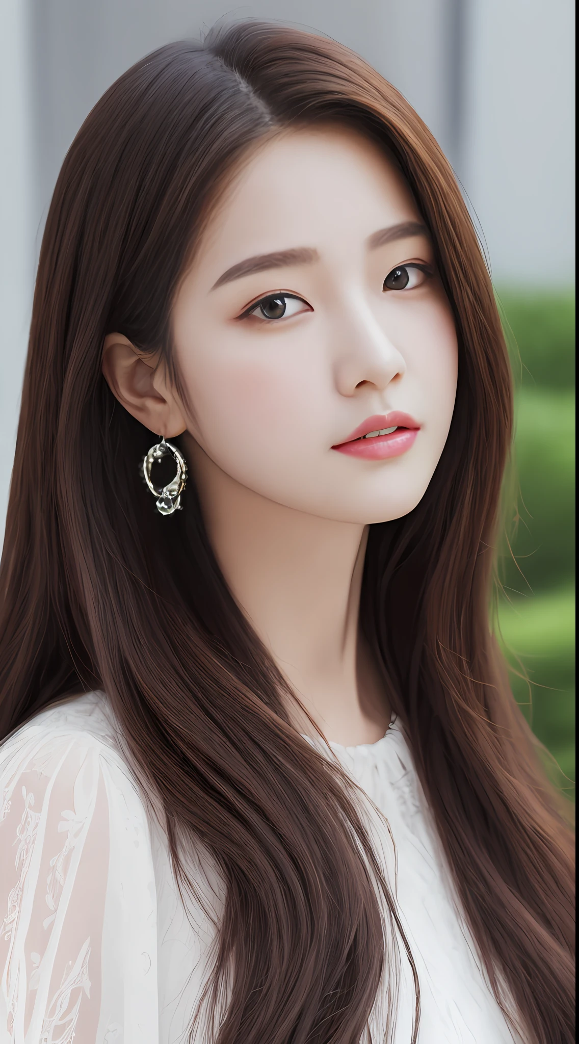 Long hair Aravi girl in white dress and earrings, a picture by Yang J, Tumblr, Realism, lalisa manobal, ulzzangs, lalisa manoban of blackpink, Guviz, portrait of female korean idol, jaeyeon nam, [ 4 K digital art ]!!, Korean girl, sakimichan，(In the city park where the rain falls：1.3)，(Moonlight:1.3)，(above waist:1.3)，Anatomically normal,（best qualtiy，8K，32K，tmasterpiece，hyper HD：1.3），（middlebreast：1.1），perfect bodies，（dress：1.3），Super detailed face，Detailed lips，Fine Eye，二重まぶた，hide hands。