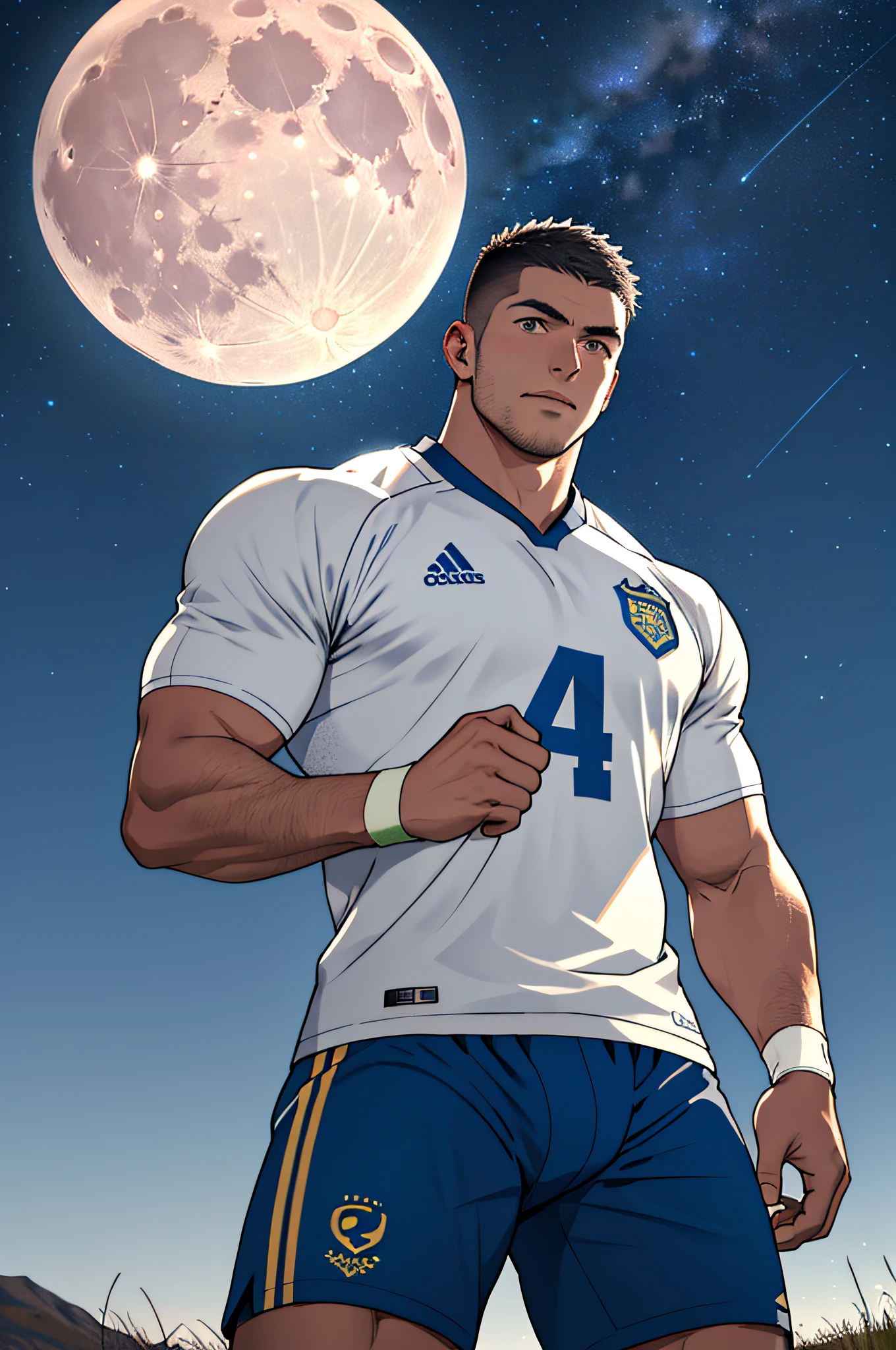 Draw a full-fledged footballer，Standing on the steppe at night，He wears a sportswear，The man looks confident and determined，looking-down，Crew cut，full bodyesbian，Stars dot the sky，shooting from below，Big moon highlights background