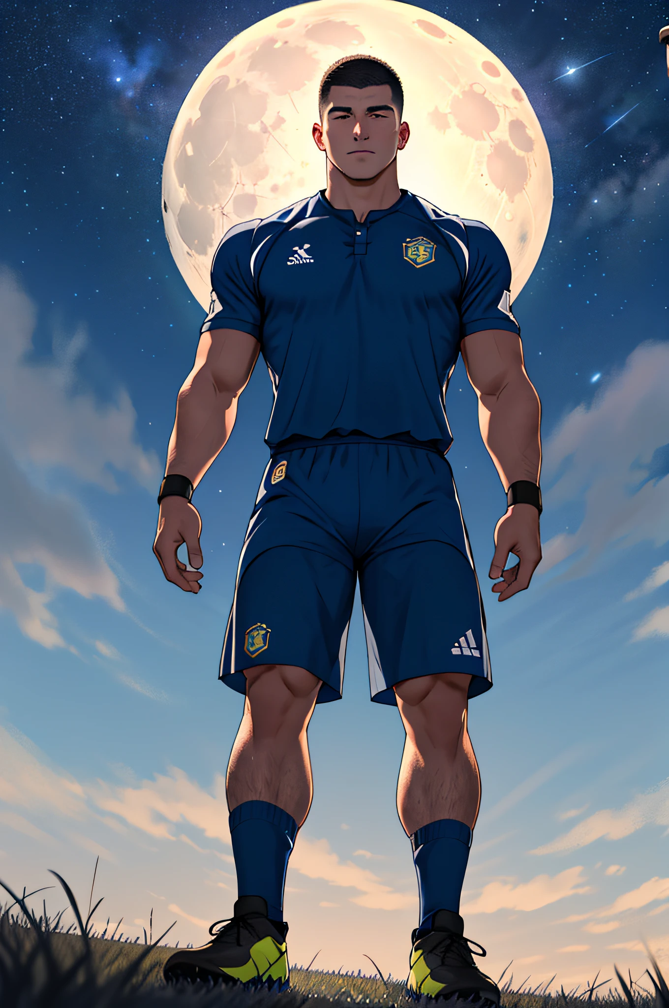 Draw a full-fledged footballer,Standing on the steppe at night,He wears a sportswear,The man looks confident and determined,looking-down,Crew cut,full bodyesbian,Stars dot the sky,shooting from below,Big moon highlights background