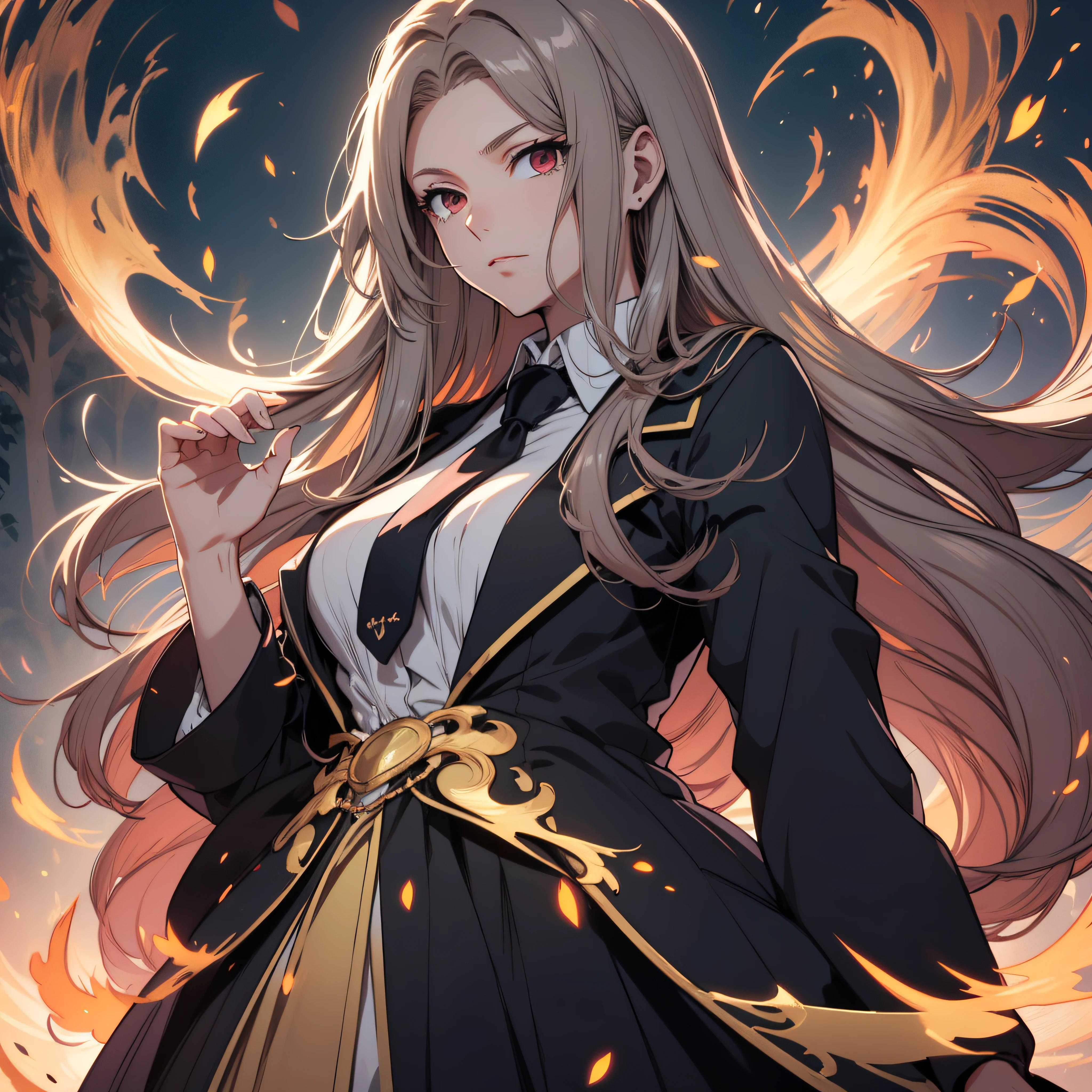 (ultra-detailed, perfect pixel, highrest, best quality), 20 years old Anime girl, smooth anime artstyle, long raven hair, slightly wavy hair, parted bangs, gradient hair color, Magus, red eyes, detailed eyes, beautiful eyes, medium breasts, long black coat, white shirt, ((neckwear, long tie)), black skirt, aristocrat, noble attire, beautiful, ethereal, elegant, prestigious, dark forest background, particle effect, smoke effect, fire flame, lightning, magic light, standing, looking at viewer