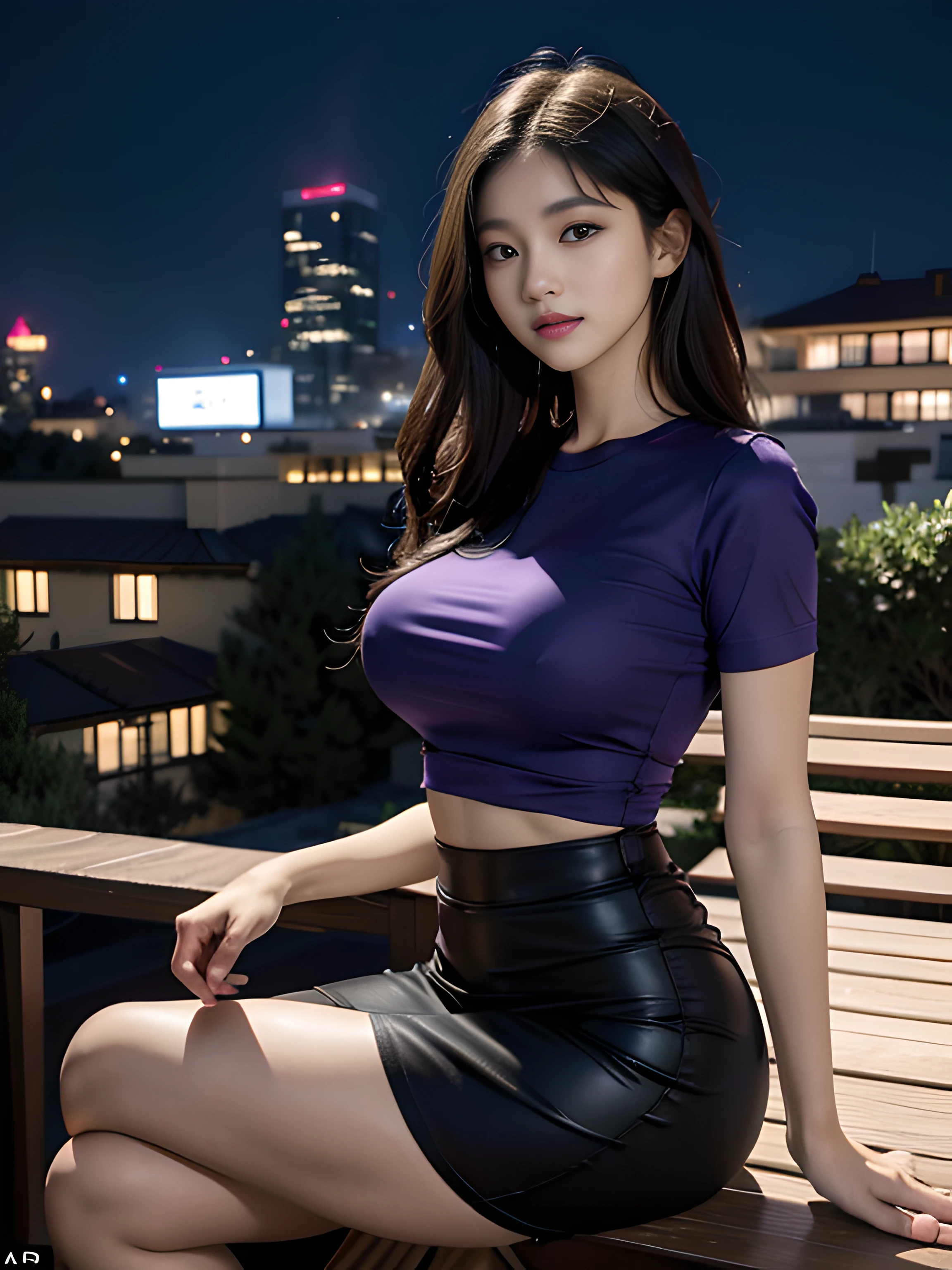((midynight, Acura, 8K, tmasterpiece: 1.3)), full bodyesbian, long leges, Focalors: 1.2, perfect figure beautiful woman: 1.4, Slim abs: 1.1, (dark brown hair,: 1.2 )), (Purple tight T-shirt, short skirt,sitting on a stool: 1.2), (city night scene, the roof: 1.3)), Highly Detailed Face and Skin Textur, detailedeyes, 二重まぶた,
