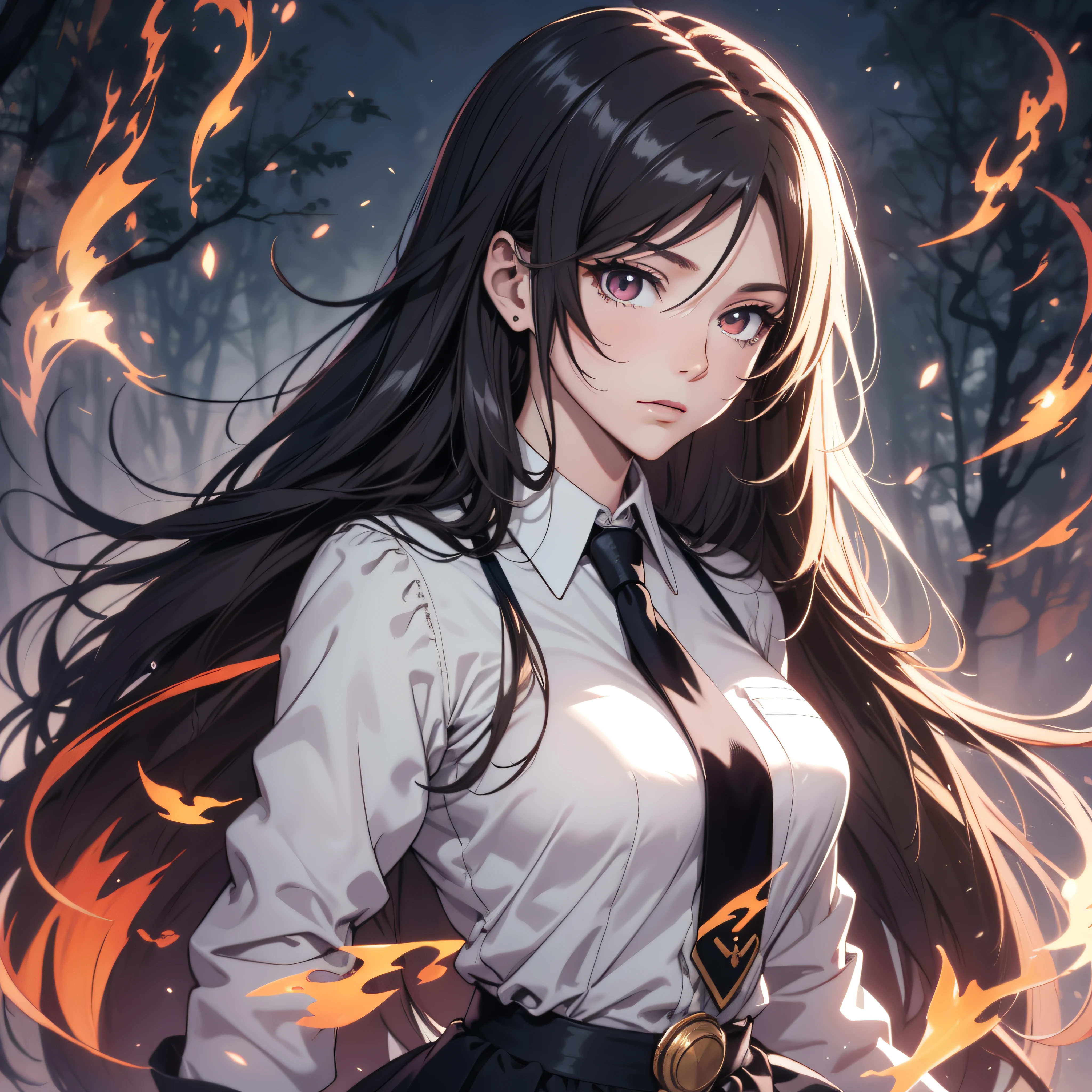 (ultra-detailed, perfect pixel, highrest, best quality), 20 years old Anime girl, smooth anime artstyle, long raven hair, slightly wavy hair, parted bangs, gradient hair color, Magus, red eyes, detailed eyes, beautiful eyes, medium breasts, long black coat, white shirt, ((neckwear, long tie)), black skirt, aristocrat, noble attire, beautiful, ethereal, elegant, prestigious, dark forest background, particle effect, smoke effect, fire flame, lightning, magic light, standing, looking at viewer