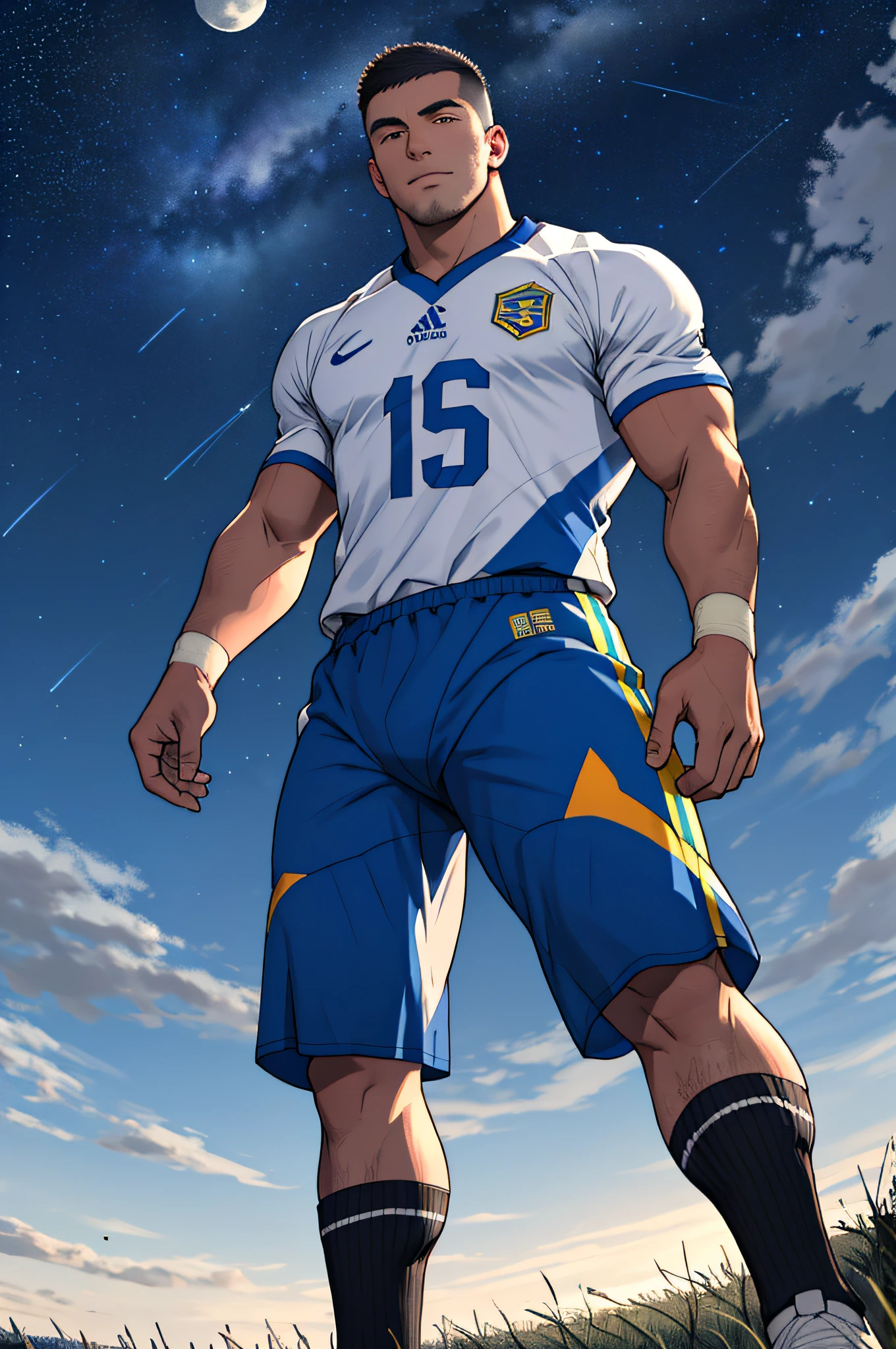 Draw a full-fledged footballer,Standing on the steppe at night,He wears a sportswear,The man looks confident and determined,looking-down,Crew cut,full bodyesbian,Stars dot the sky,shooting from below,Big moon highlights background