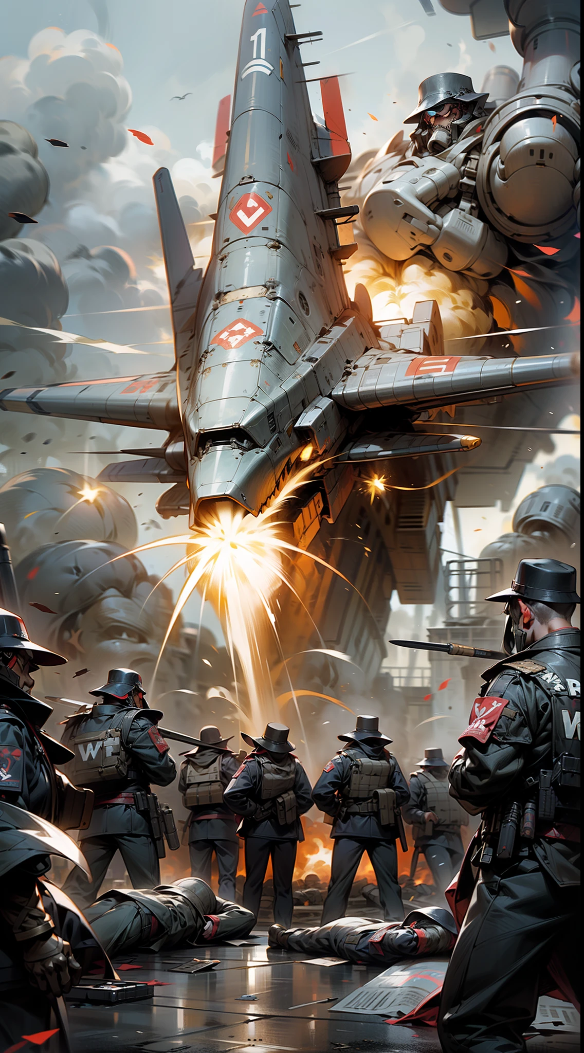 (Huge battlefield)，total war，Many poorly equipped militias were slaughtered by well-equipped imperial troops，Dilapidated environment，Intensive explosions，(There are formations of heavy bombers and UAVs in the air)，(modern warfare)