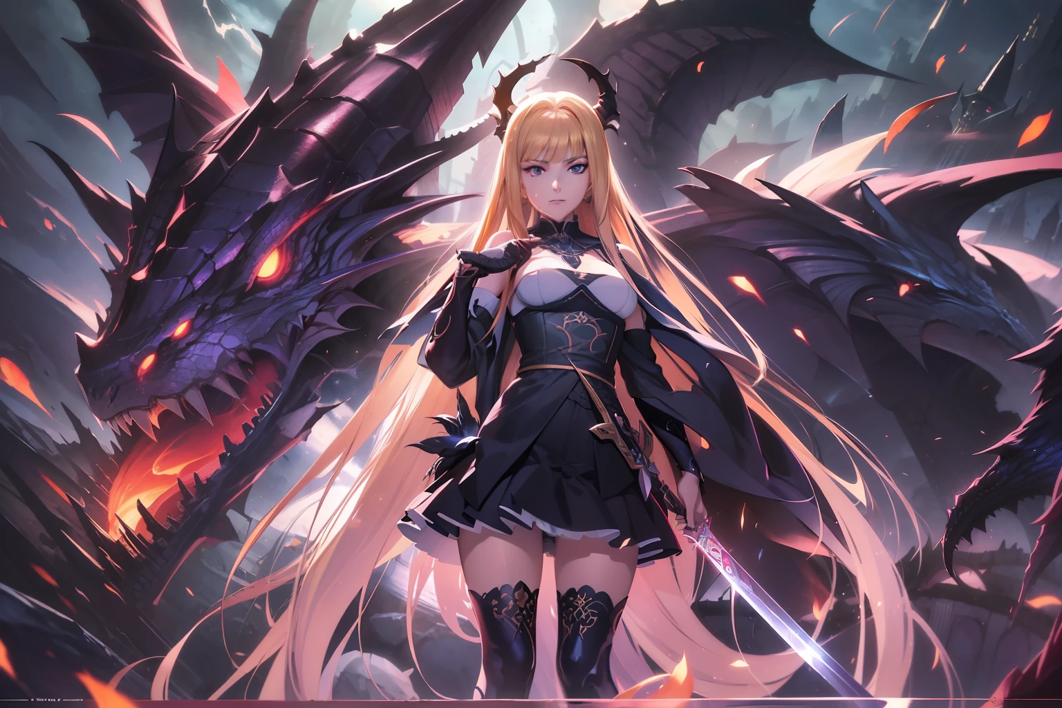 anime girl with sword and dragon in background, anime fantasy artwork, anime fantasy illustration, badass anime 8 k, anime art wallpaper 4 k, anime art wallpaper 4k, 2. 5 d cgi anime fantasy artwork, anime art wallpaper 8 k, detailed digital anime art, beautiful fantasy anime, anime epic artwork, 4k anime wallpaper, detailed anime artwork, sexy, sexy, big boobs, women, A queen is sitting on a throne in the underwater palace, anime style , dragon girl, amor dragon, blade dragon, dragon wings , (masterpiece, best quality, ultra-detailed, best shadow), (detailed background,dark fantasy), (beautiful detailed face), high contrast, (best illumination, an extremely delicate and beautiful), ((cinematic light)), colorful, hyper detail, dramatic light, intricate details, (1 girl, solo, sharp face, . Blonde hair,super long hair, thin bangs hime cut, long lashes,dynamic angle), blood splatter, swirling black light around the character, depth of field,black light particles,(broken glass),magic circle