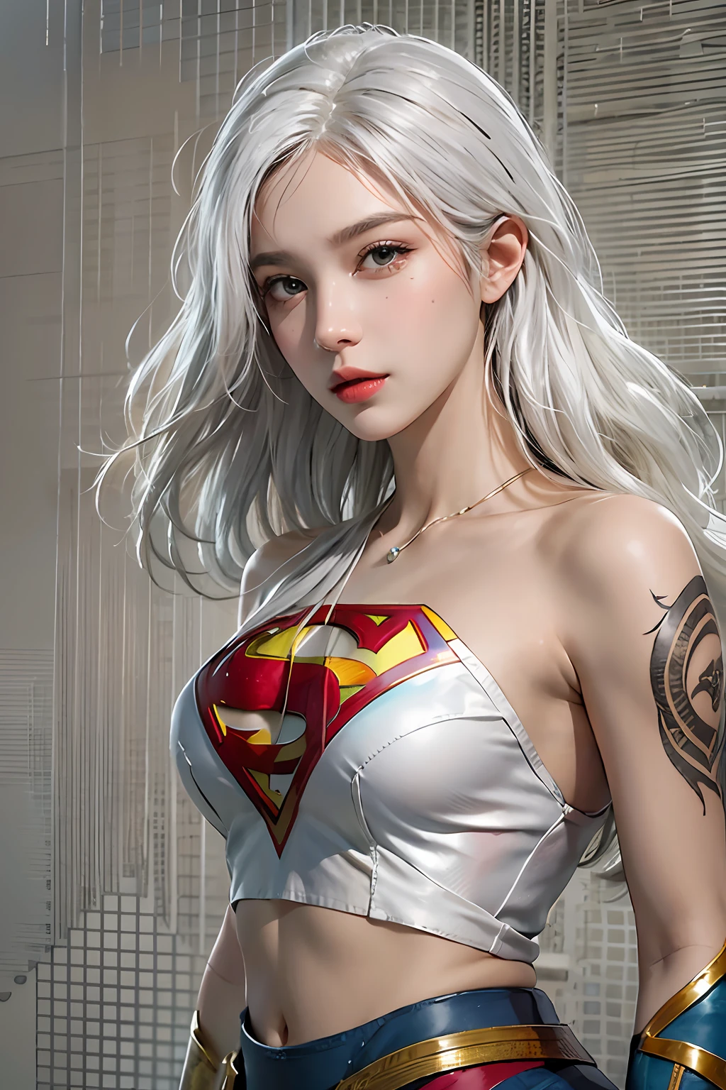 photorealistic, high resolution, 1women, solo, hips up, look at viewer, (detailed face), white hair, supergirl costume, tattoo, jewelry