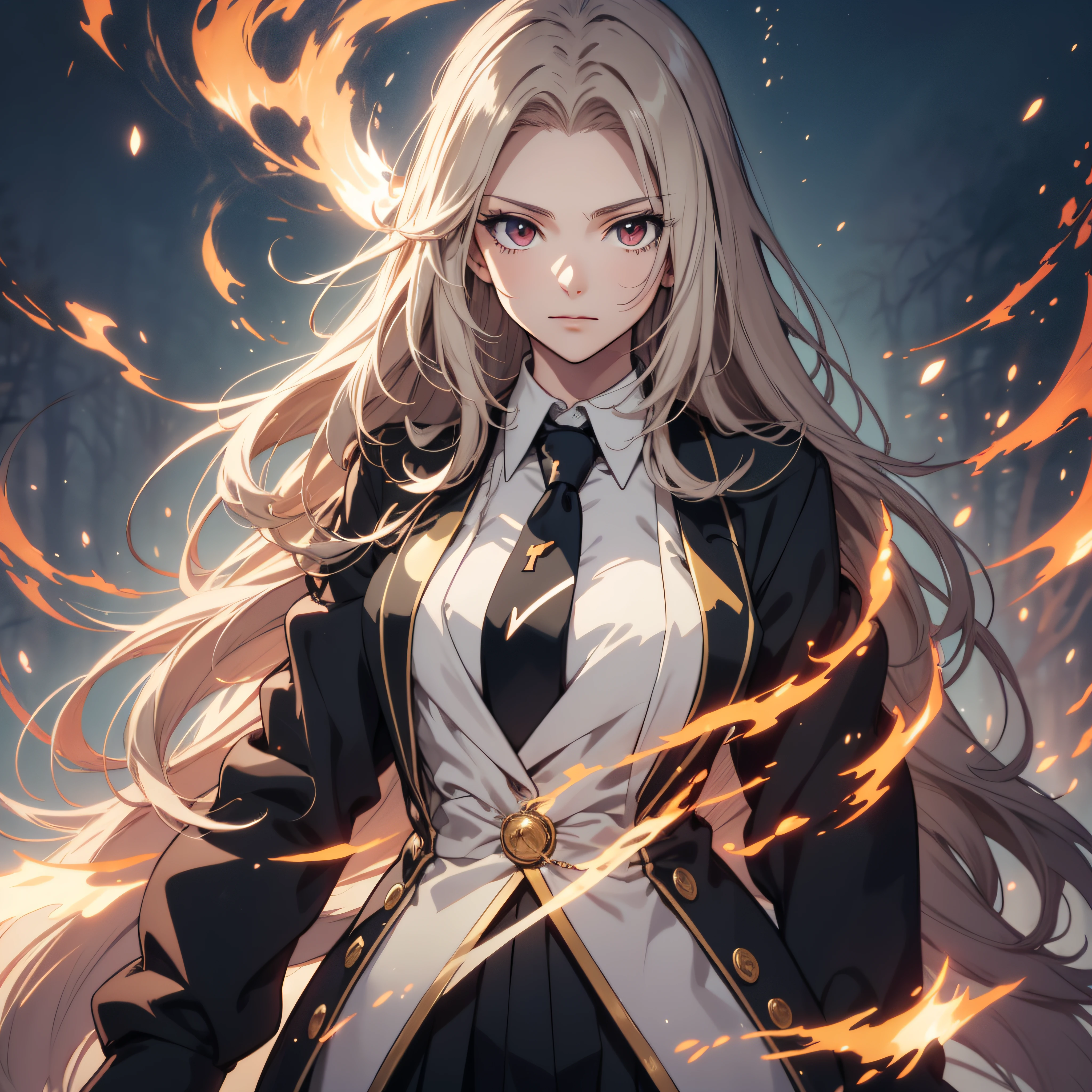 (ultra-detailed, perfect pixel, highrest, best quality), 20 years old Anime girl, smooth anime artstyle, long raven hair, slightly wavy hair, parted bangs, gradient hair color, Magus, red eyes, detailed eyes, beautiful eyes, medium breasts, long black coat, white shirt, ((neckwear, long tie)), black skirt, aristocrat, noble attire, beautiful, ethereal, elegant, prestigious, dark forest background, particle effect, smoke effect, fire flame, lightning, magic light, standing, looking at viewer