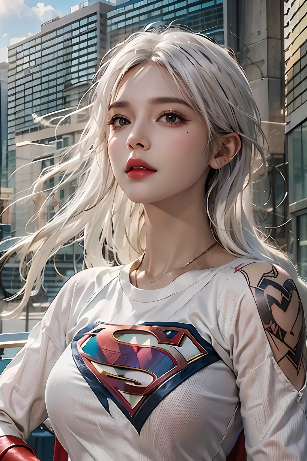 photorealistic, high resolution, 1women, solo, hips up, look at viewer, (detailed face), white hair, supergirl costume, tattoo, jewelry