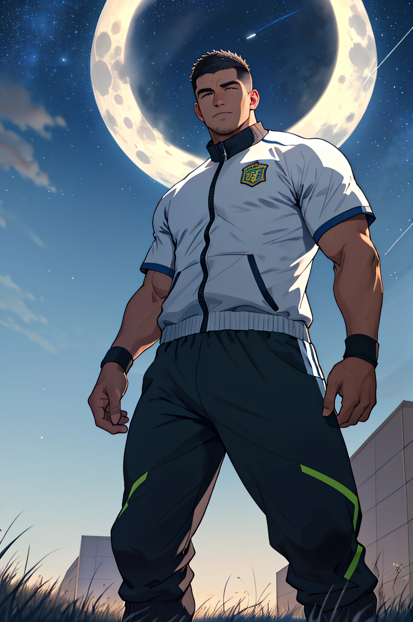 Draw a full-fledged footballer,Standing on the steppe at night,He was wearing a tracksuit,The man looks confident and determined,looking-down,Crew cut,full bodyesbian,Stars dot the sky,shooting from below,Big moon highlights background