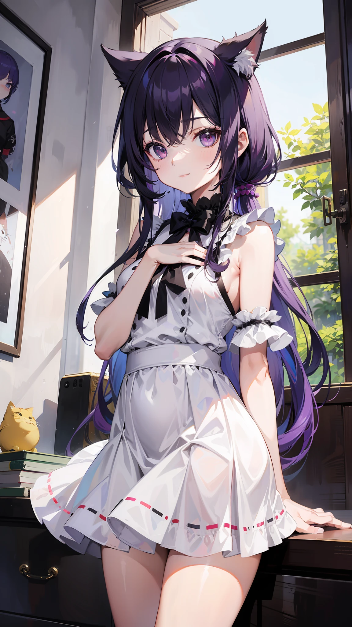 Chica anime, Cola de gato, Orejas de gato, purple hair, Cabello largo, sonriente, vestido negro con bordes morados, falda corta, tiny breast, Ojo izquierdo rojo, purple right eye, mitad humano, mitad neko, falda holgada, furra