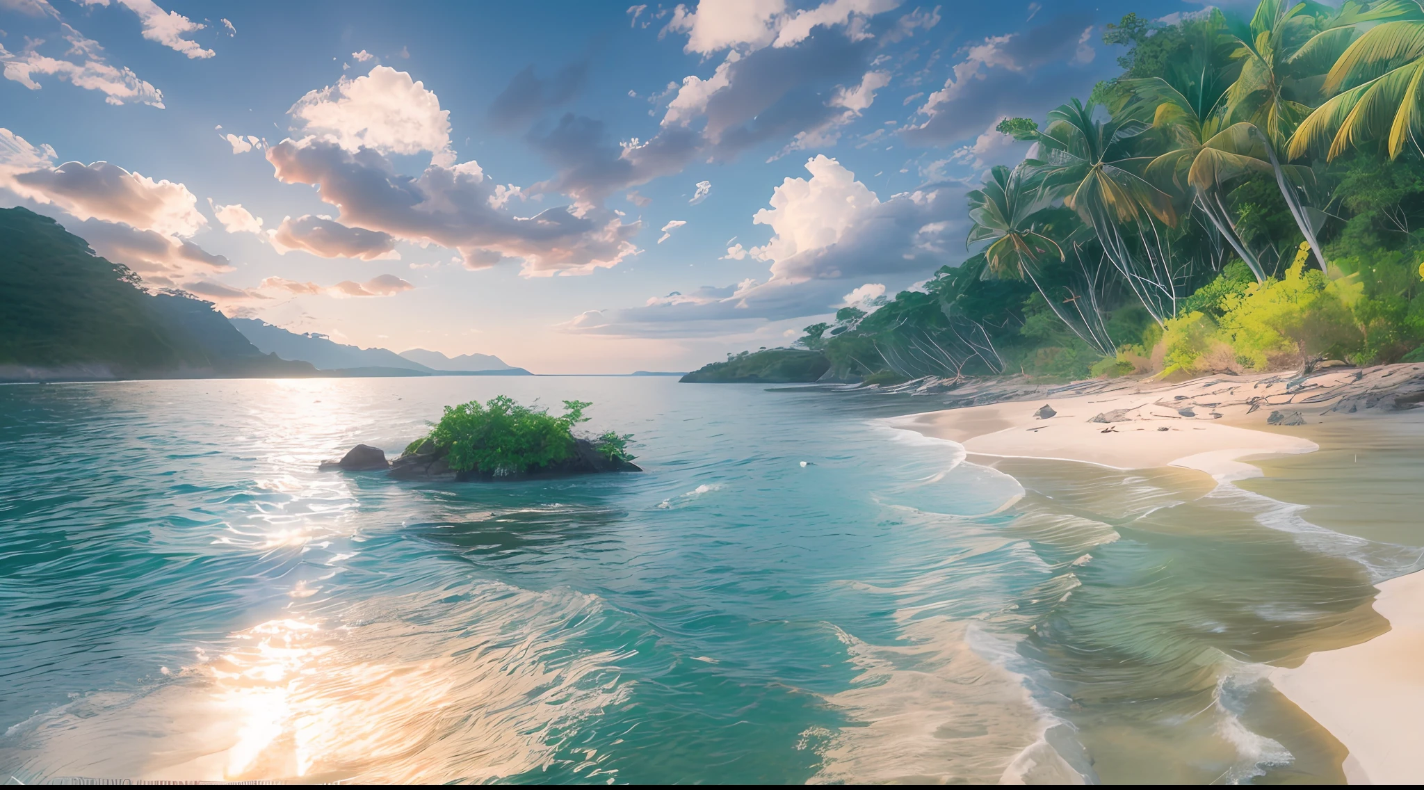 at the sunset、Uninhabited island seen from the sea、jungles、, eye-level perspective、One-person viewpoint, canon, masutepiece, Best Quality, hight resolution, 8K
