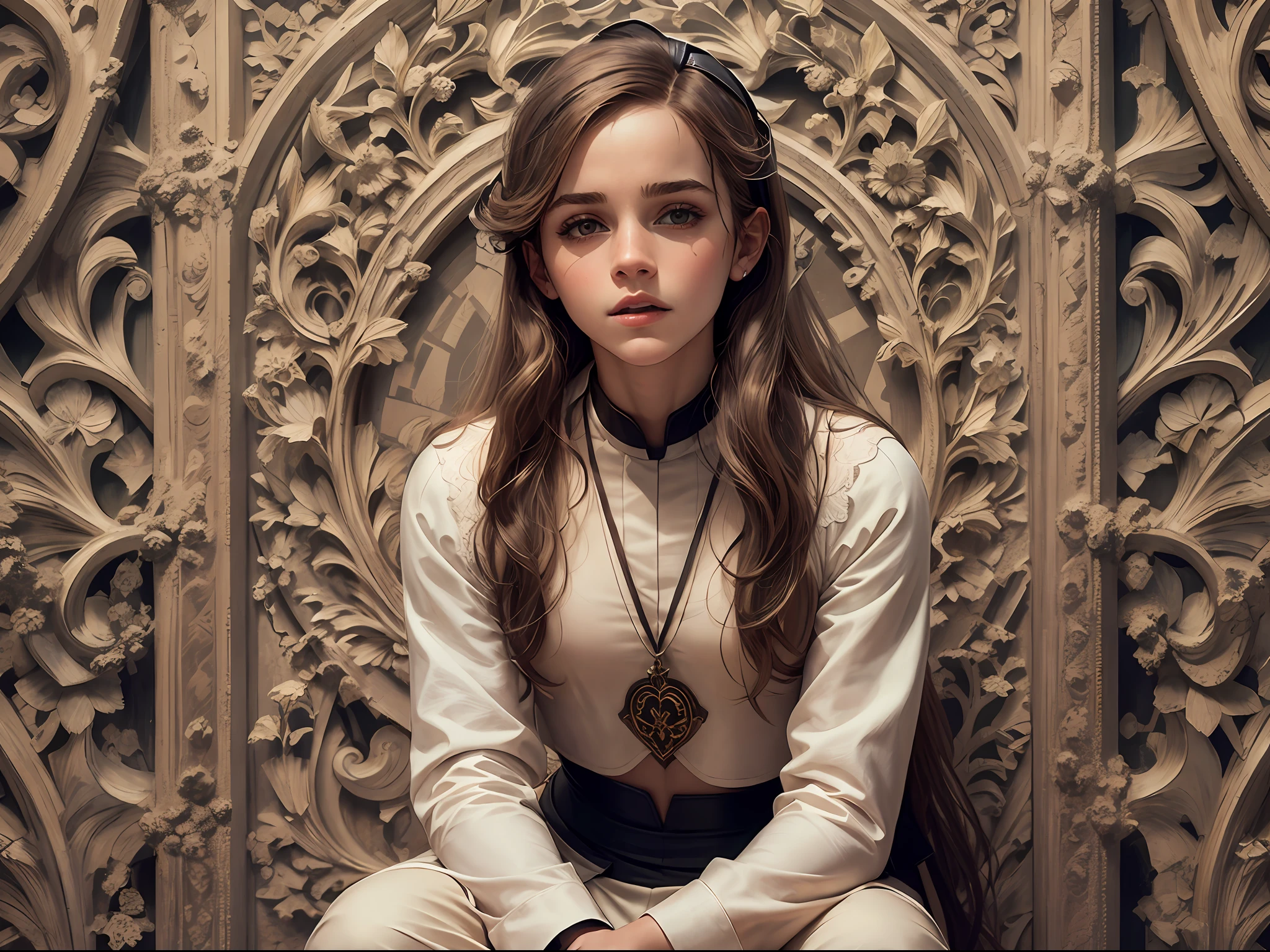 masterpiece. Teen emma watson dressed as a nun. Detailed tight costume. crop top. Defined body. Slender. Small breasts. background moon. night. long hair. leaning on a wall that has intricate carvings and jewels. boots.