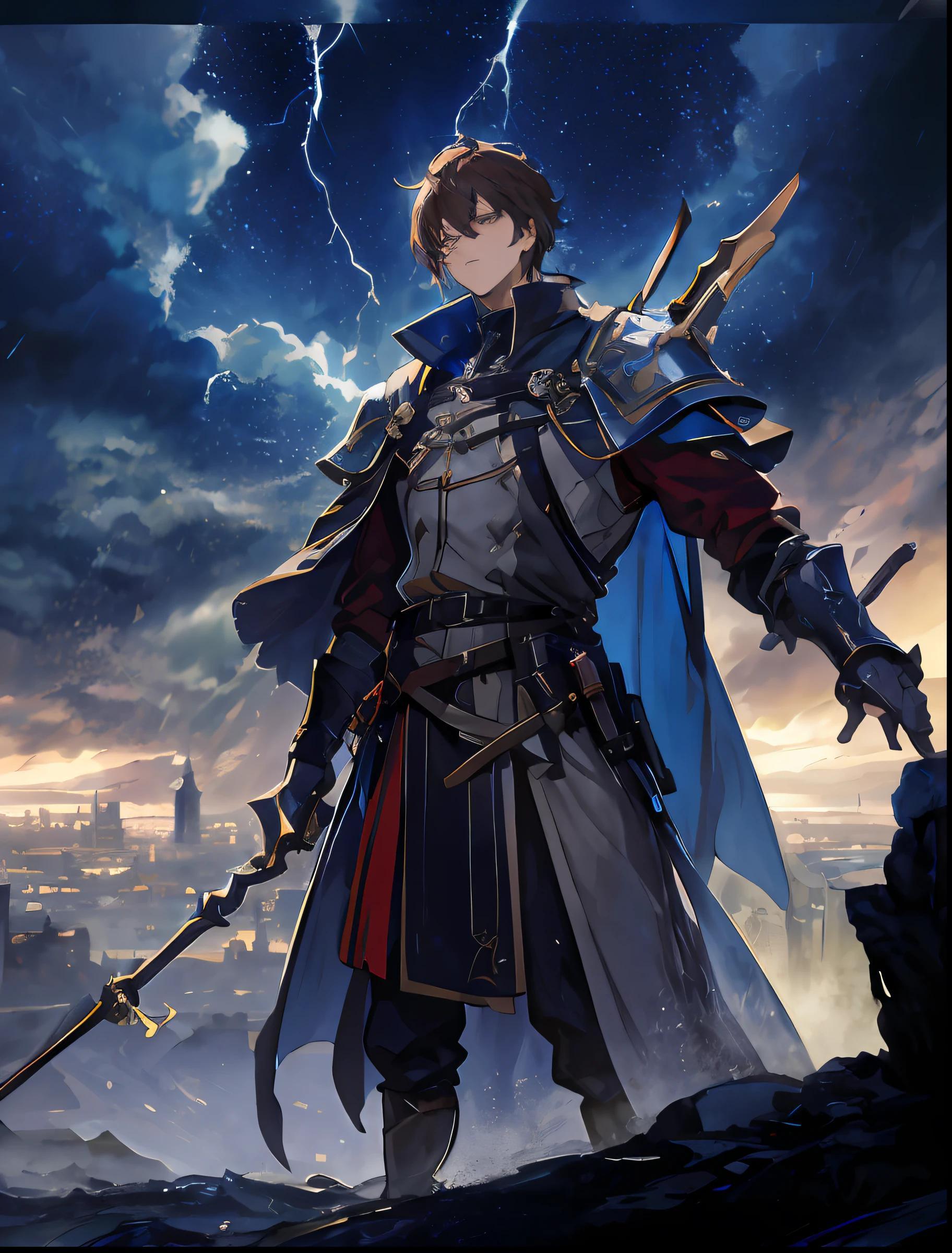 Anime cover, masterpiece, best quality, 4k, highres, best background, Design an anime-style cover featuring a man with captivating brown hair and eyes. His medium build and tall height evoke a sense of strength. He stands resolutely in a powerful pose, clad in medieval attire that exudes a timeless aura.

The focal point is on him, his attire reflecting the era's charm. The tunic and cloak are fashioned with intricate textures, showcasing the craftsmanship of a bygone era. His expression captures a blend of determination and resolve.

In the background, a sprawling city silhouette emerges, bathed in the ethereal glow of a distant storm. The clouds swirl with shades of gray, and blue lightning illuminates the sky with an electrifying brilliance.

Utilize detailed linework and bold colors to emphasize both the man's presence and the stormy cityscape. The cover should encapsulate a moment of power and anticipation, as he stands against the backdrop of the storm, ready to face the challenges that lie ahead.